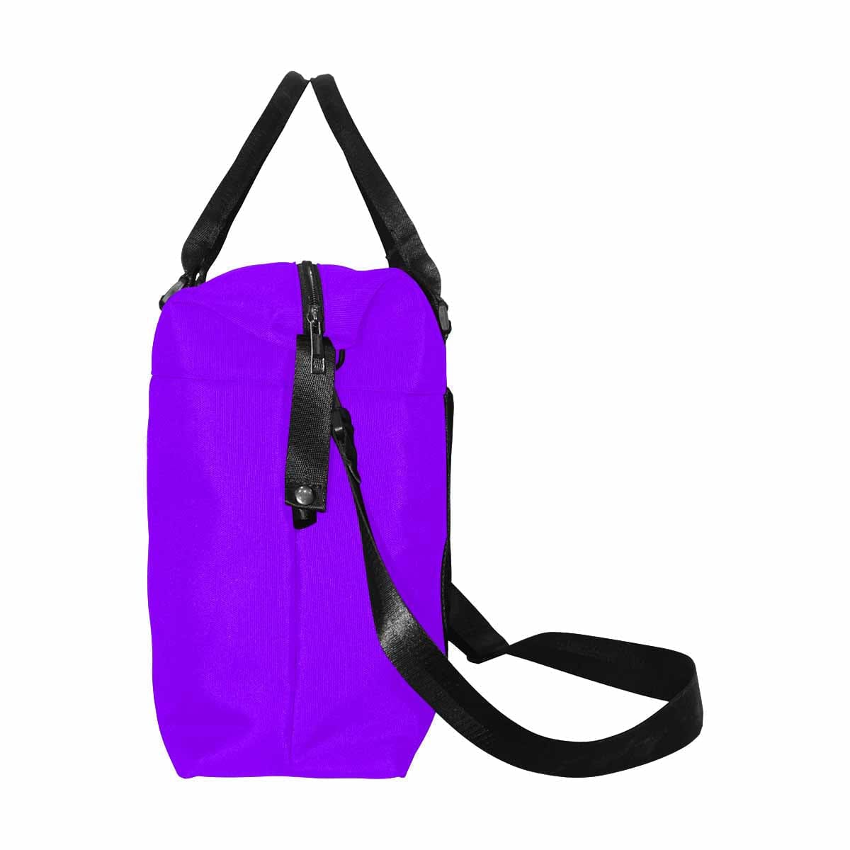 Violet travel bag made from durable oxford fabric with adjustable strap and multiple compartments.