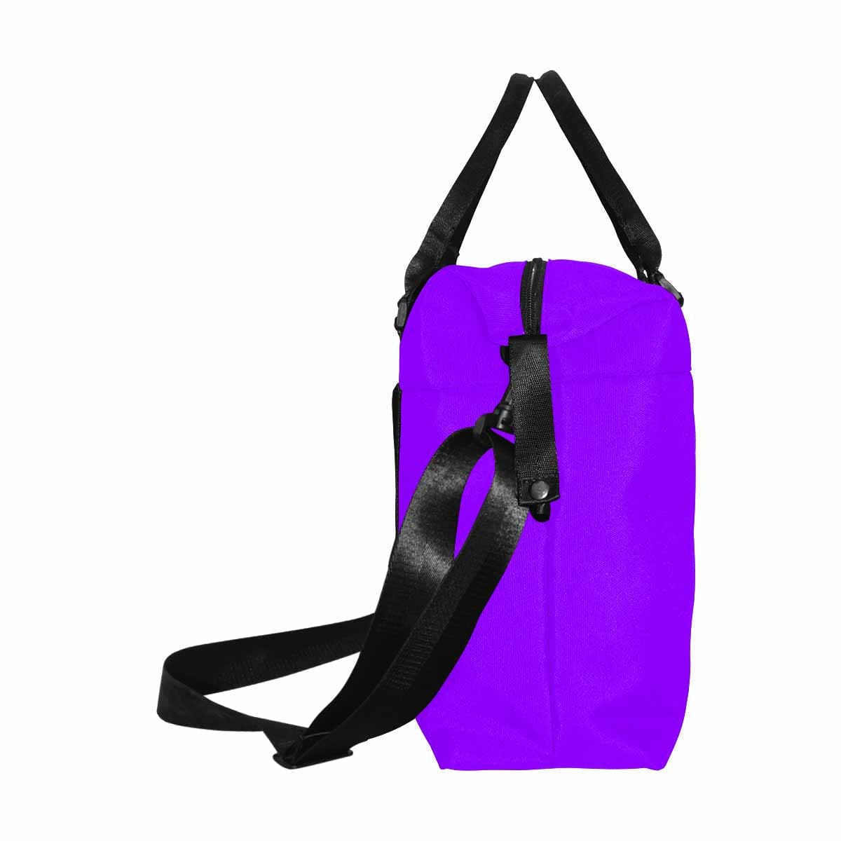 Violet travel bag made from durable oxford fabric with adjustable strap and multiple compartments.