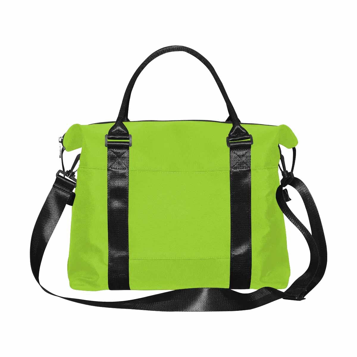 A vibrant yellow green travel bag made from durable oxford fabric, featuring a metal button closure and adjustable strap.