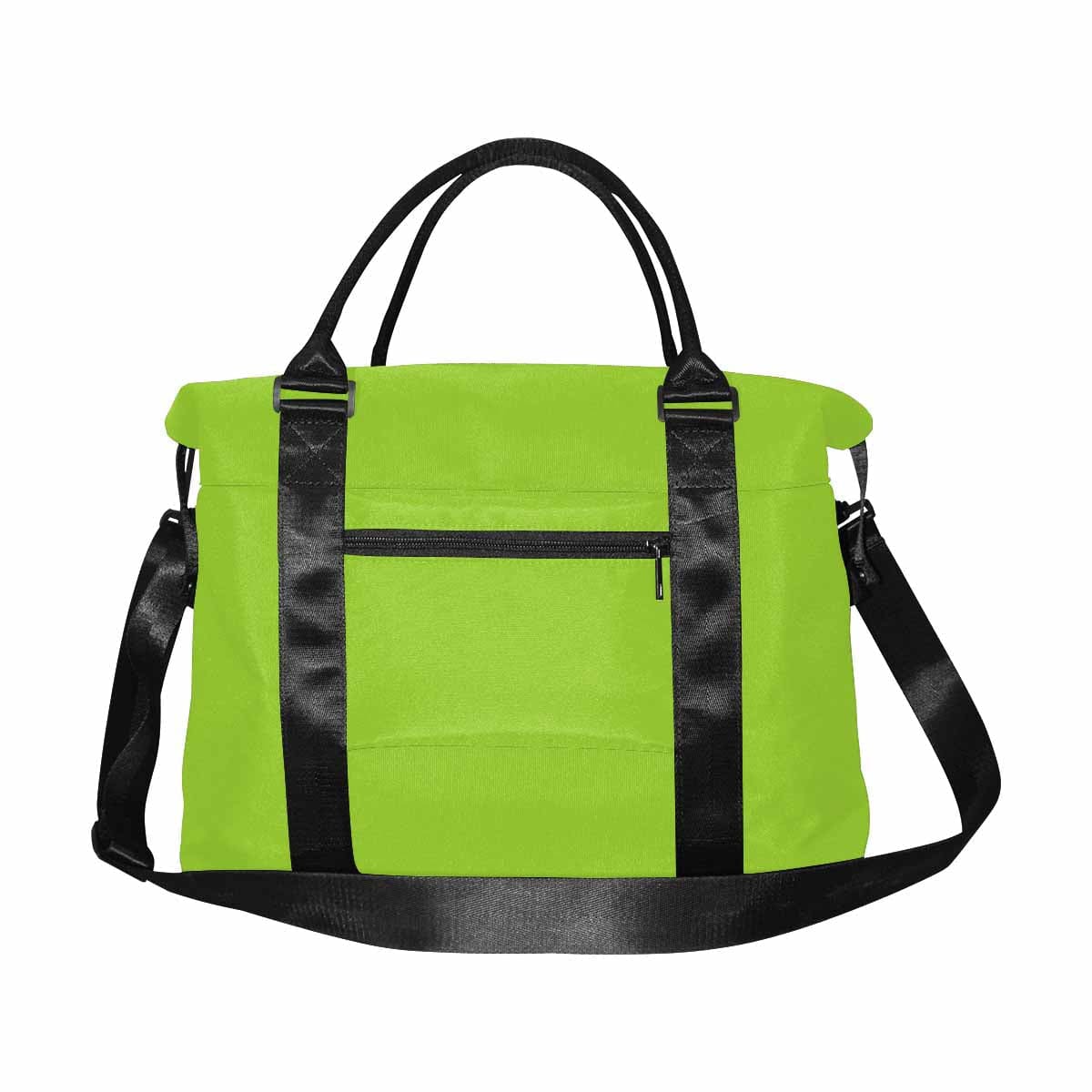 A vibrant yellow green travel bag made from durable oxford fabric, featuring a metal button closure and adjustable strap.