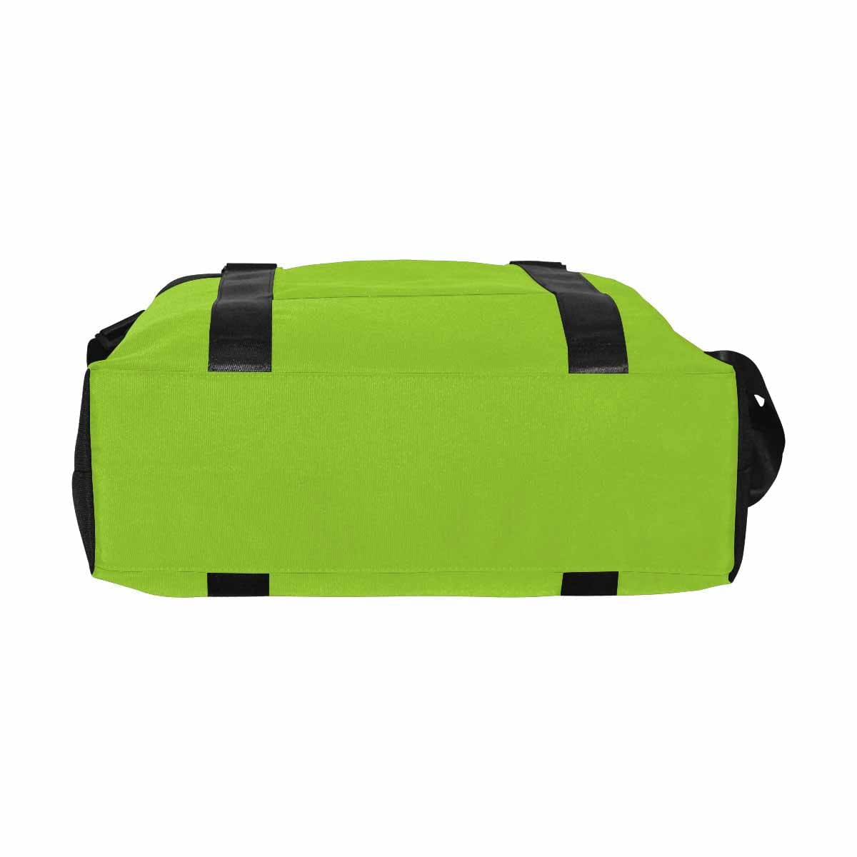 A vibrant yellow green travel bag made from durable oxford fabric, featuring a metal button closure and adjustable strap.