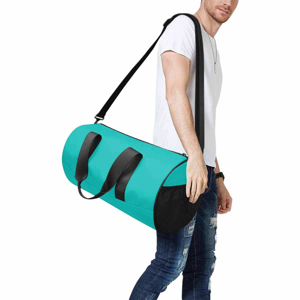 Travel Duffel Bag in Greenish Blue, showcasing its spacious design and waterproof fabric.