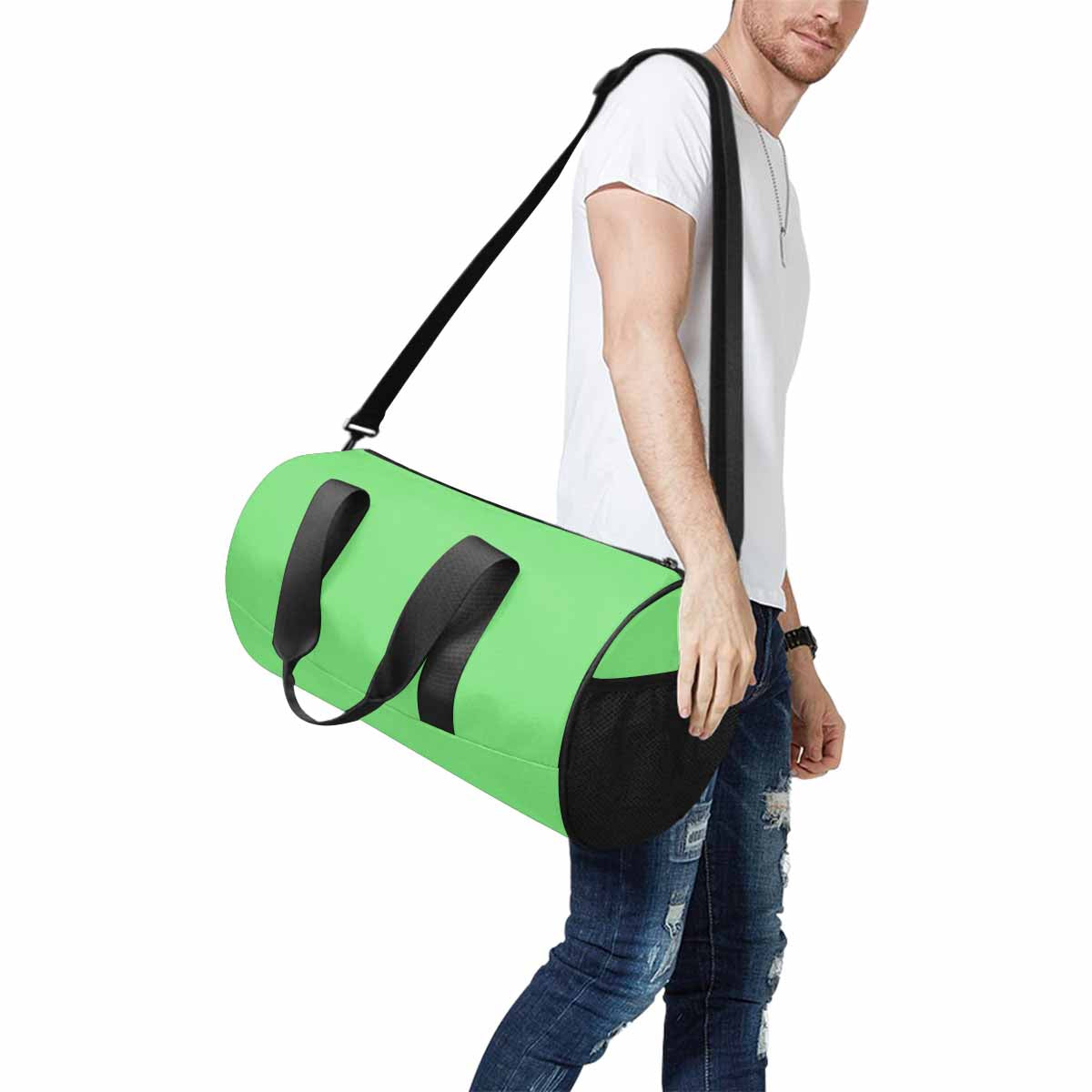 Pastel green travel duffel bag made from waterproof fabric, featuring a spacious main compartment and adjustable shoulder strap.