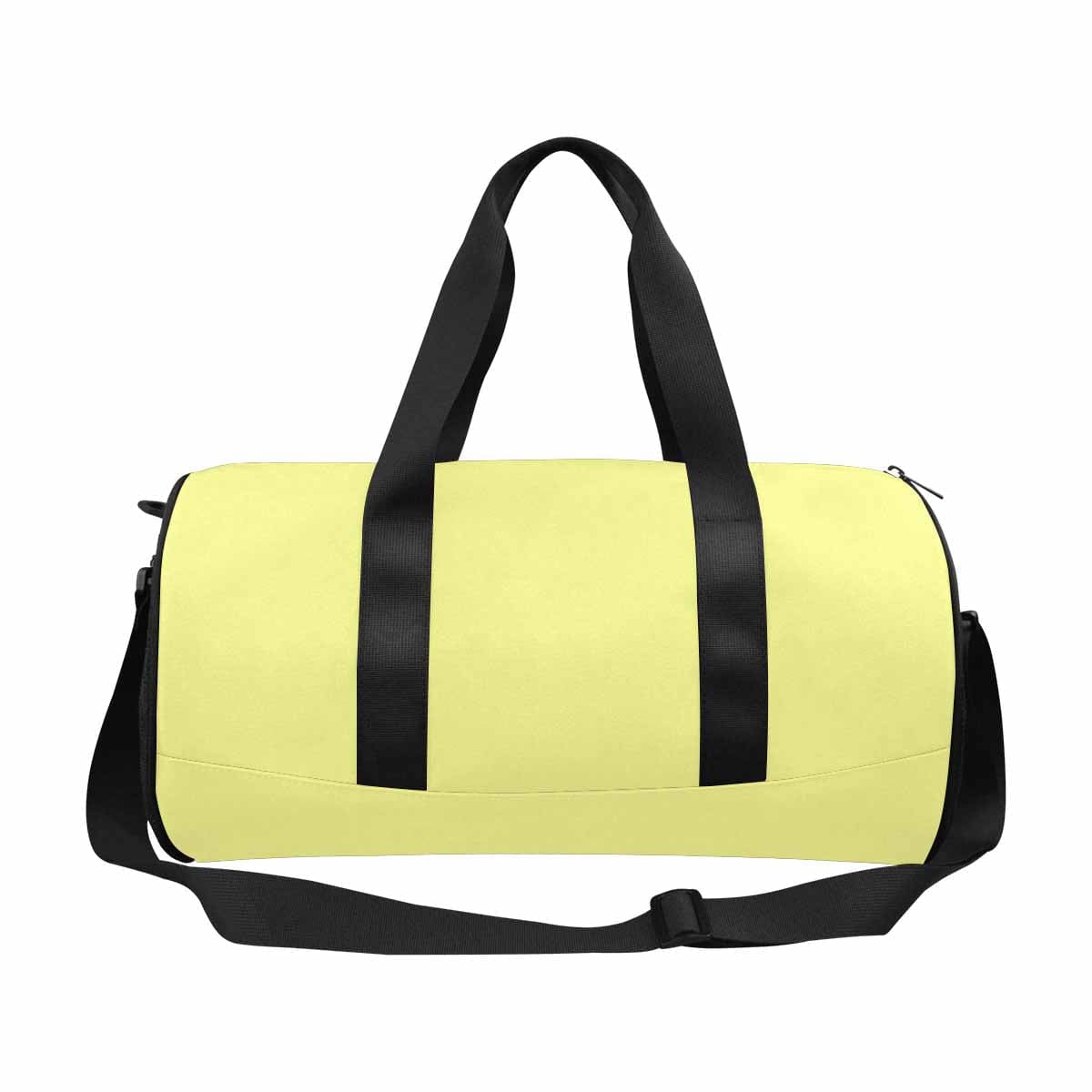 Pastel yellow travel duffel bag with waterproof fabric and adjustable strap, ideal for sports and travel.