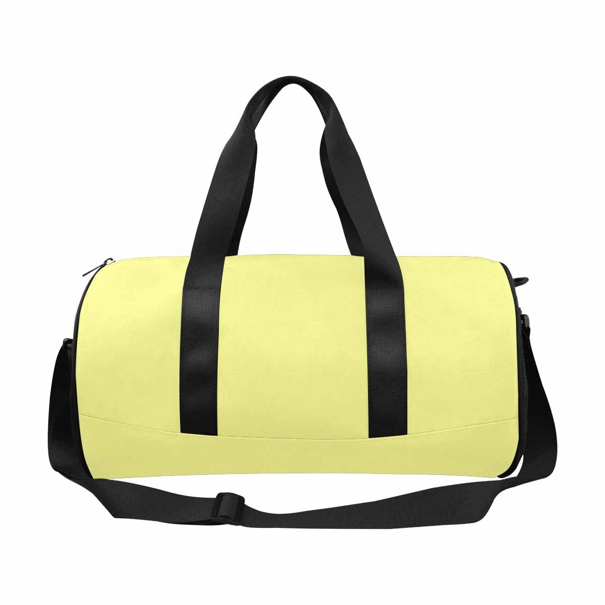 Pastel yellow travel duffel bag with waterproof fabric and adjustable strap, ideal for sports and travel.