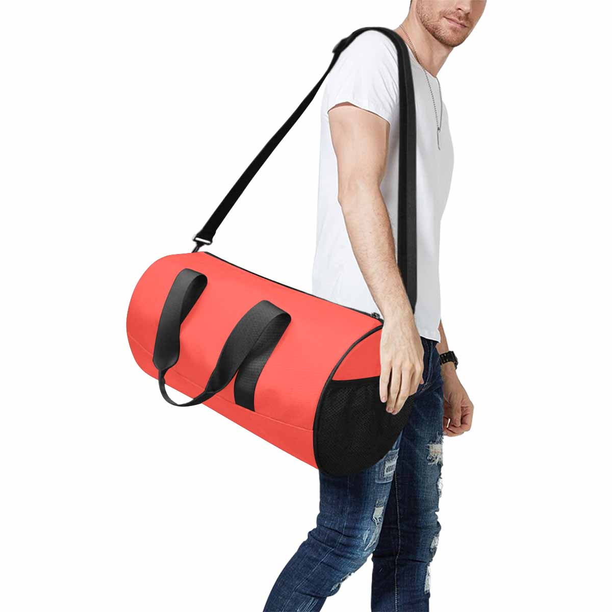 Red Orange Travel Duffel Bag made from waterproof fabric, featuring a spacious main compartment and adjustable shoulder strap.