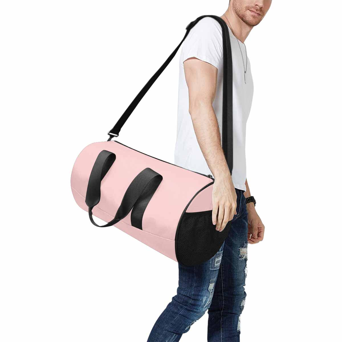 Travel Duffel Bag in Rose Quartz Red, showcasing its waterproof fabric and spacious design.