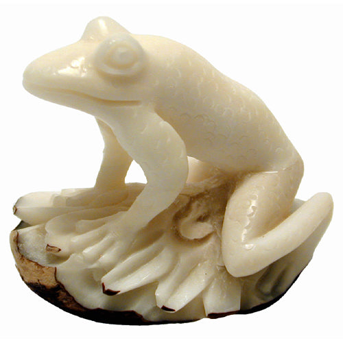 Hand-carved Tree Frog figurine made from tagua nut, showcasing intricate details and natural colors, symbolizing sustainable craftsmanship.