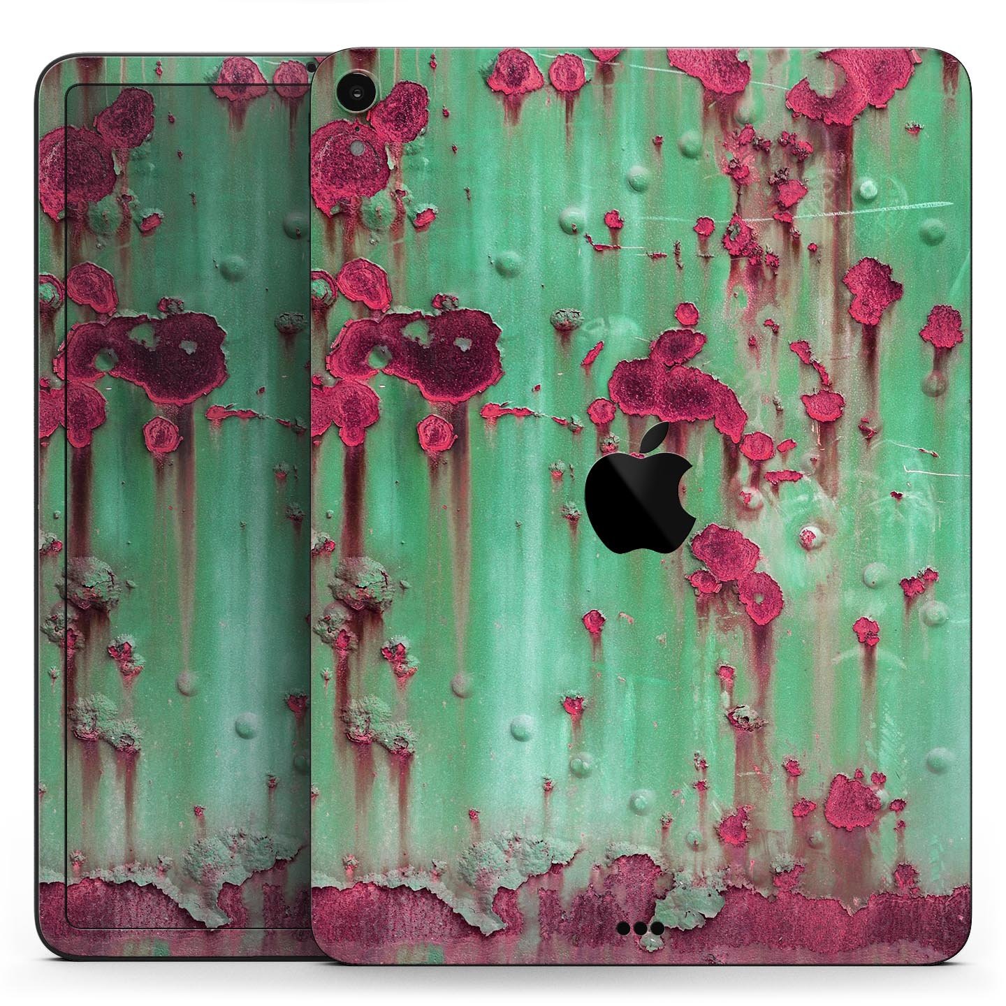 Trendy green and pink rust full body skin decal for Apple iPad, showcasing vibrant colors and sleek design.