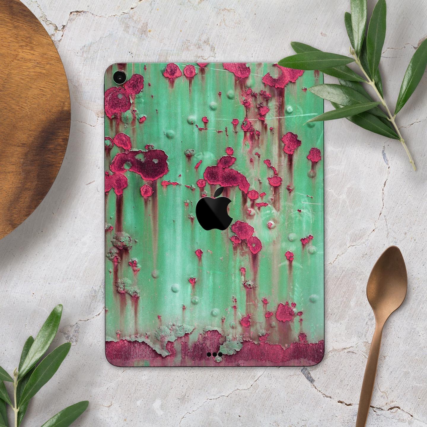 Trendy green and pink rust full body skin decal for Apple iPad, showcasing vibrant colors and sleek design.