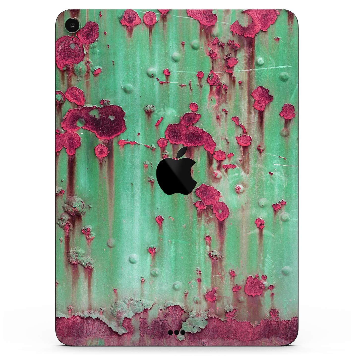 Trendy green and pink rust full body skin decal for Apple iPad, showcasing vibrant colors and sleek design.