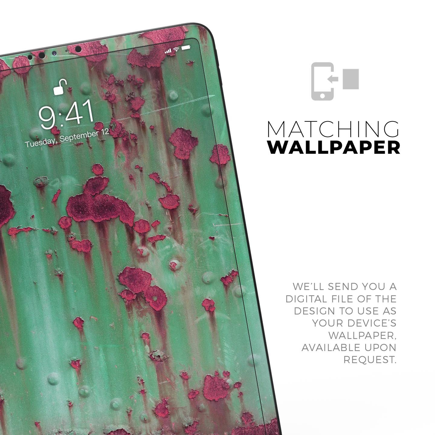 Trendy green and pink rust full body skin decal for Apple iPad, showcasing vibrant colors and sleek design.