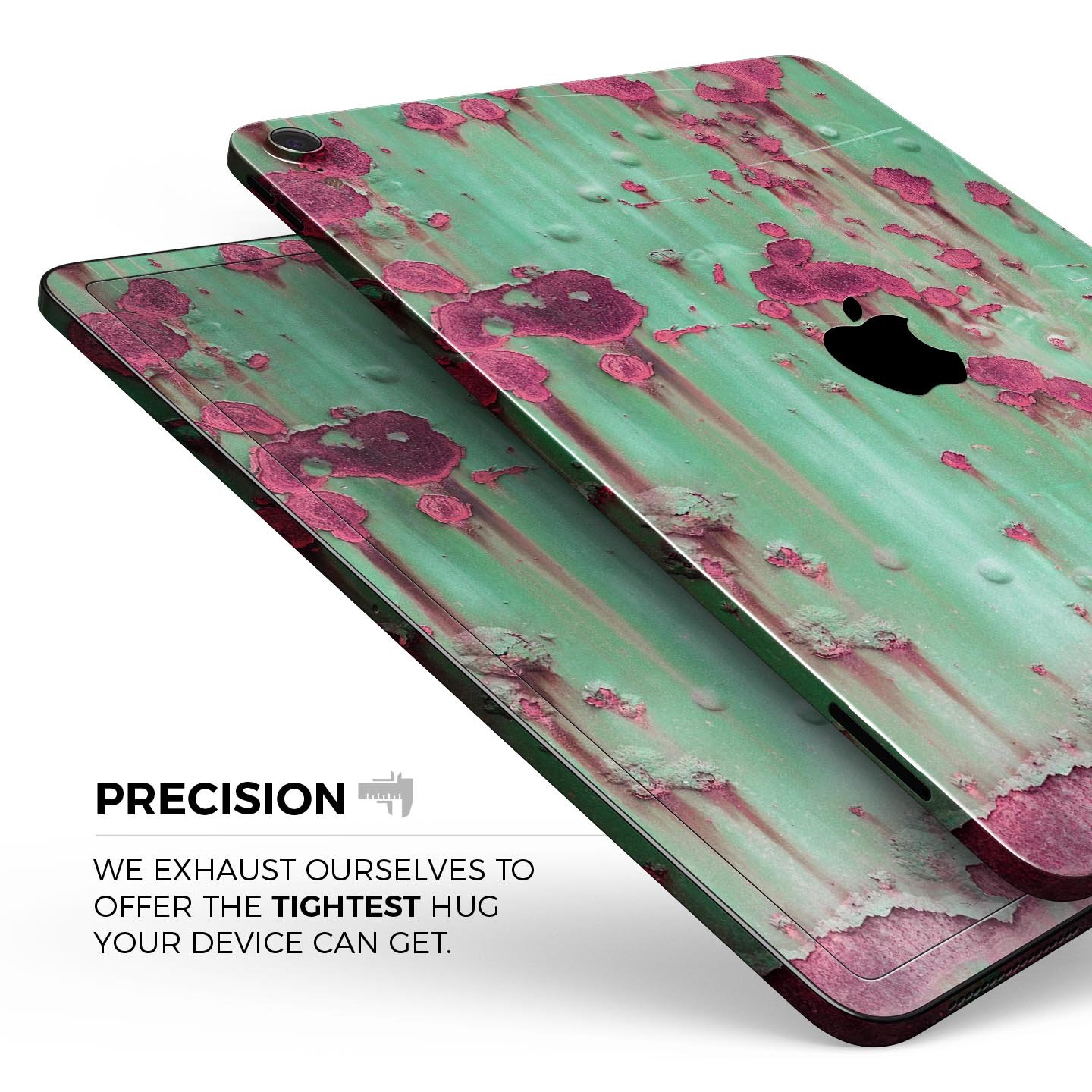 Trendy green and pink rust full body skin decal for Apple iPad, showcasing vibrant colors and sleek design.