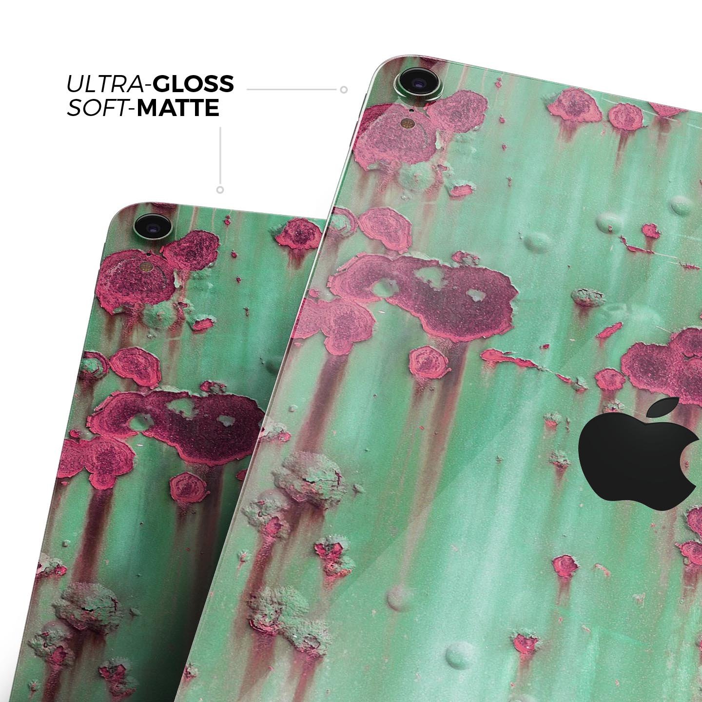 Trendy green and pink rust full body skin decal for Apple iPad, showcasing vibrant colors and sleek design.