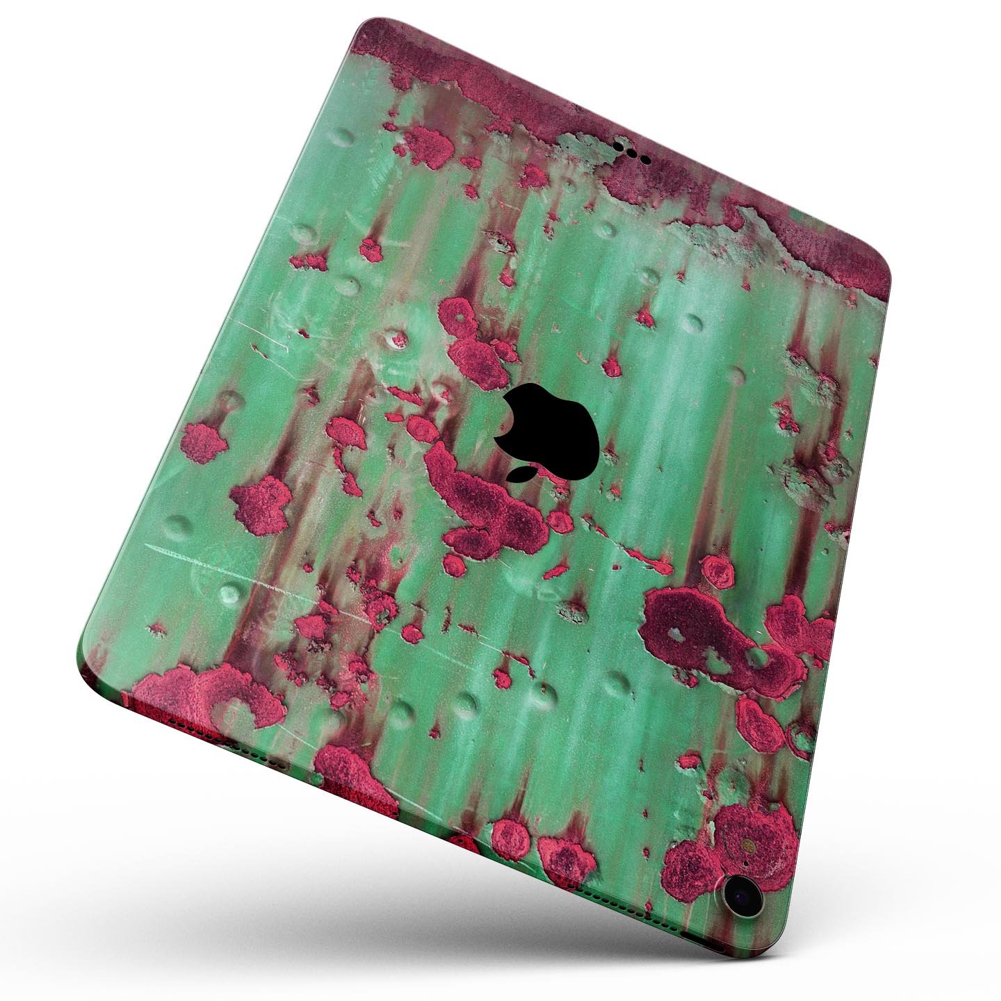 Trendy green and pink rust full body skin decal for Apple iPad, showcasing vibrant colors and sleek design.