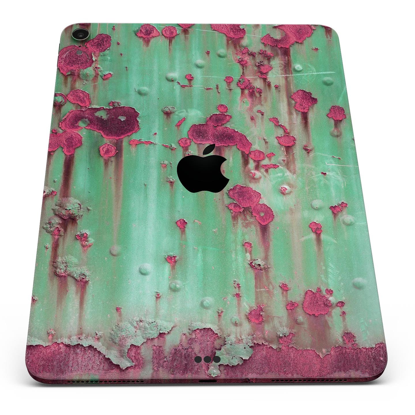 Trendy green and pink rust full body skin decal for Apple iPad, showcasing vibrant colors and sleek design.