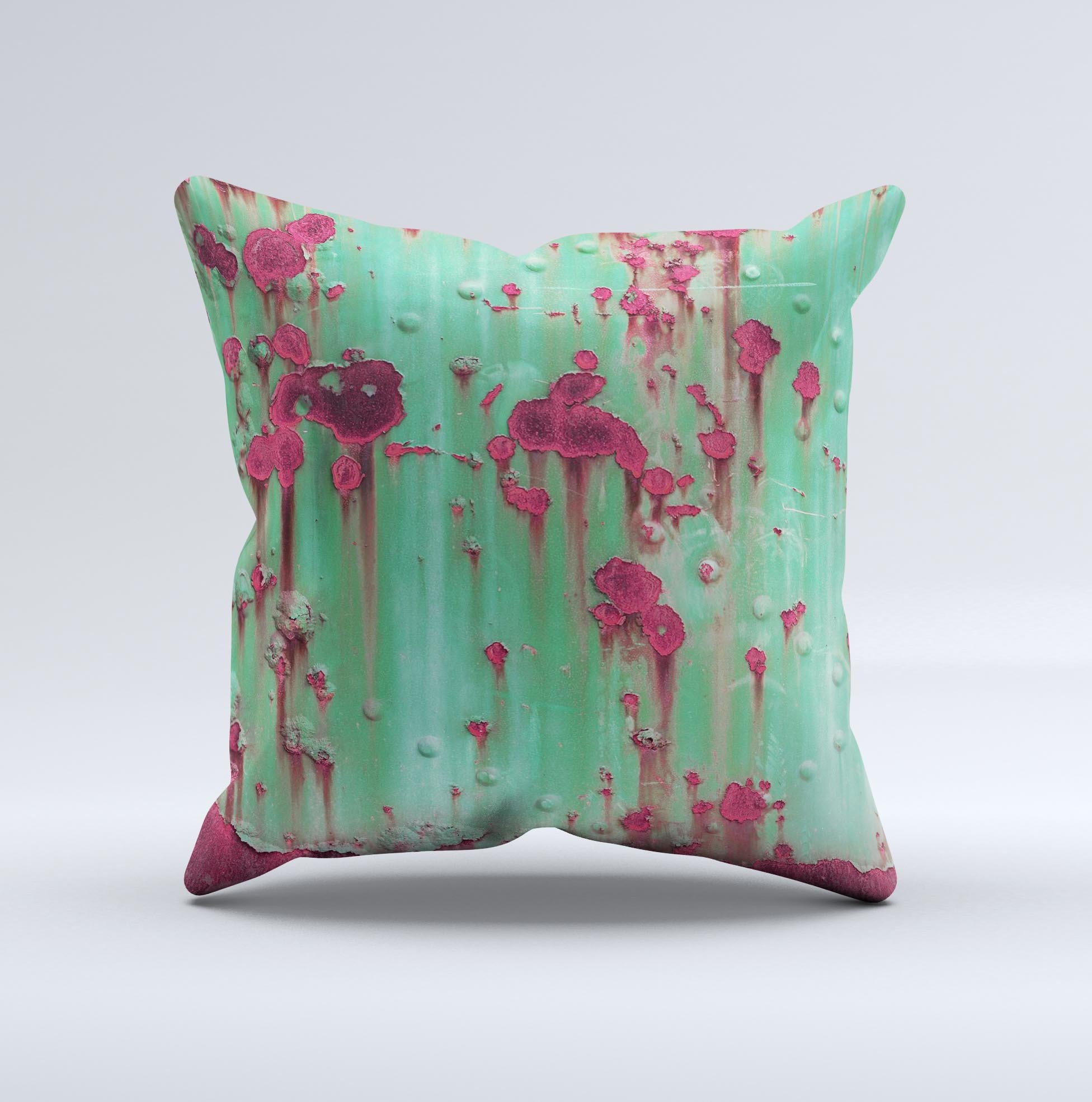 Trendy Green with Pink Rust Ink-Fuzed Decorative Throw Pillow, handcrafted with unique design and high-quality materials.