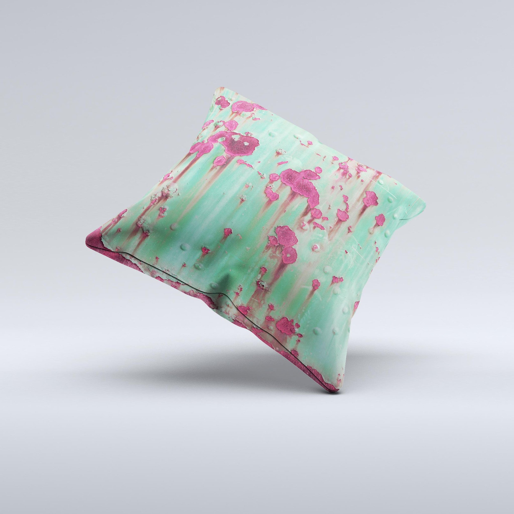 Trendy Green with Pink Rust Ink-Fuzed Decorative Throw Pillow, handcrafted with unique design and high-quality materials.