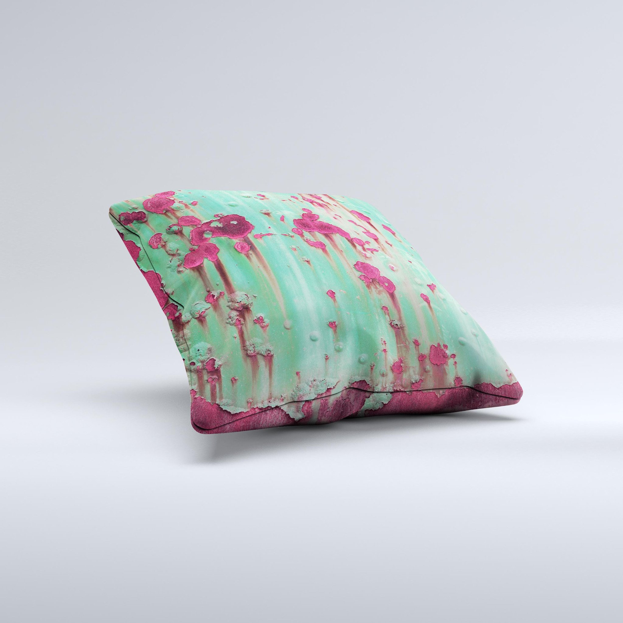 Trendy Green with Pink Rust Ink-Fuzed Decorative Throw Pillow, handcrafted with unique design and high-quality materials.