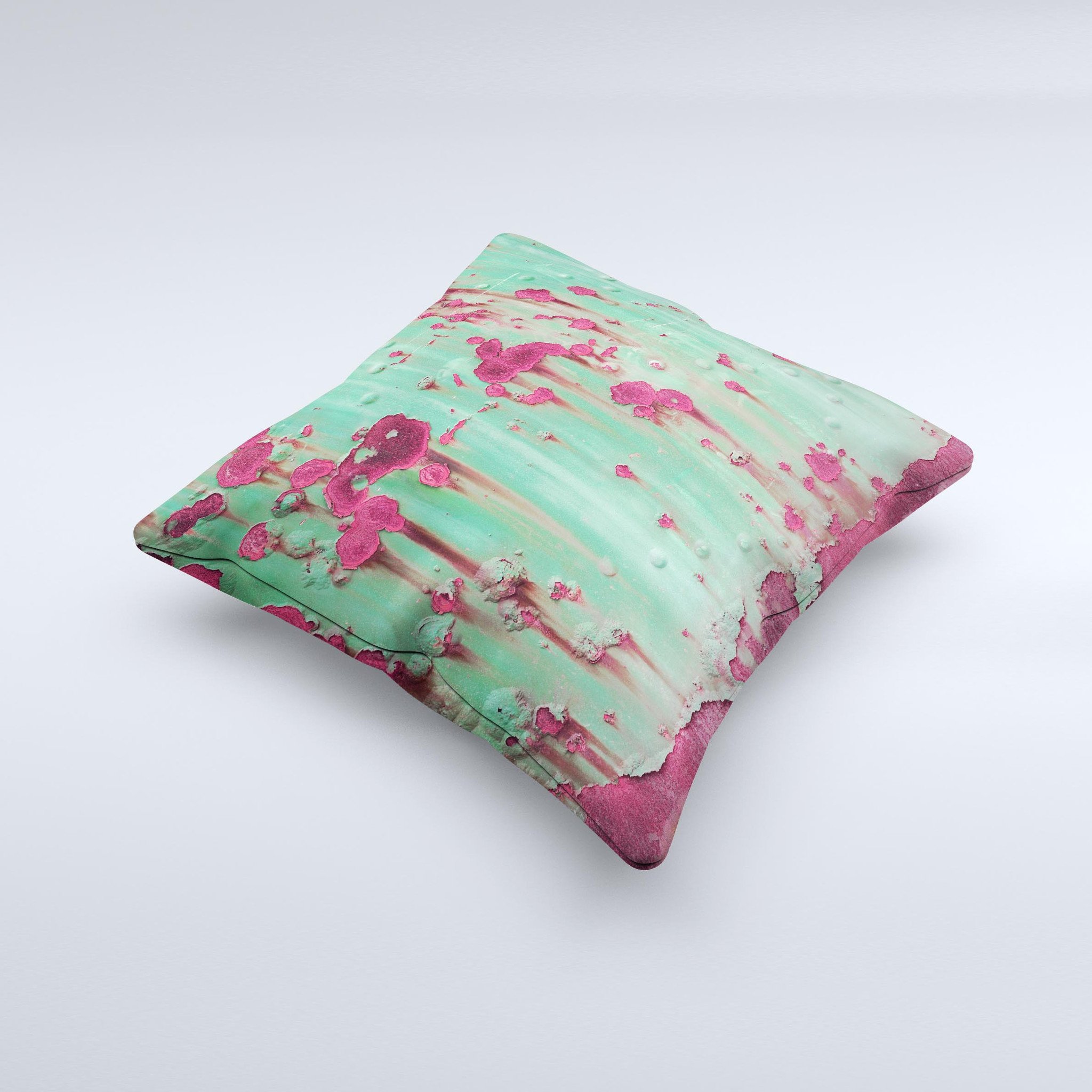 Trendy Green with Pink Rust Ink-Fuzed Decorative Throw Pillow, handcrafted with unique design and high-quality materials.