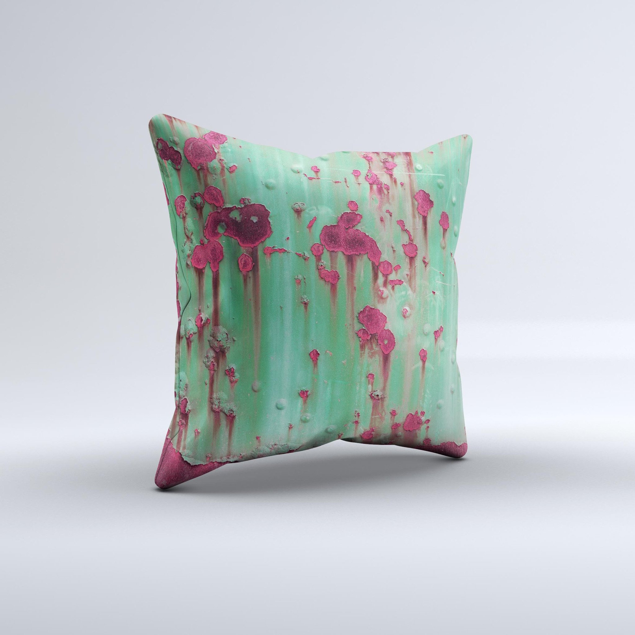 Trendy Green with Pink Rust Ink-Fuzed Decorative Throw Pillow, handcrafted with unique design and high-quality materials.