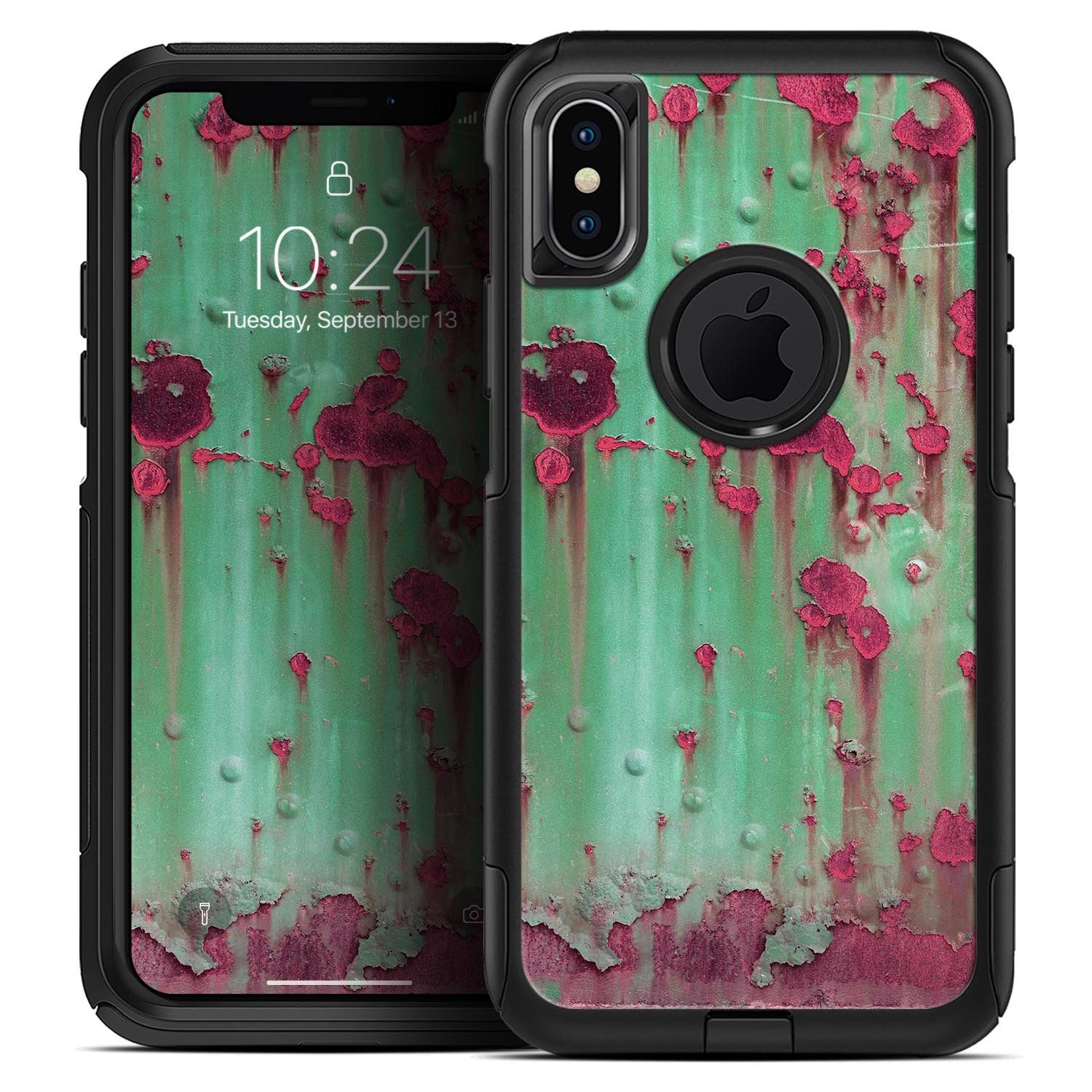 Trendy green and pink rust skin kit for iPhone OtterBox cases, showcasing vibrant colors and dual-layer construction.