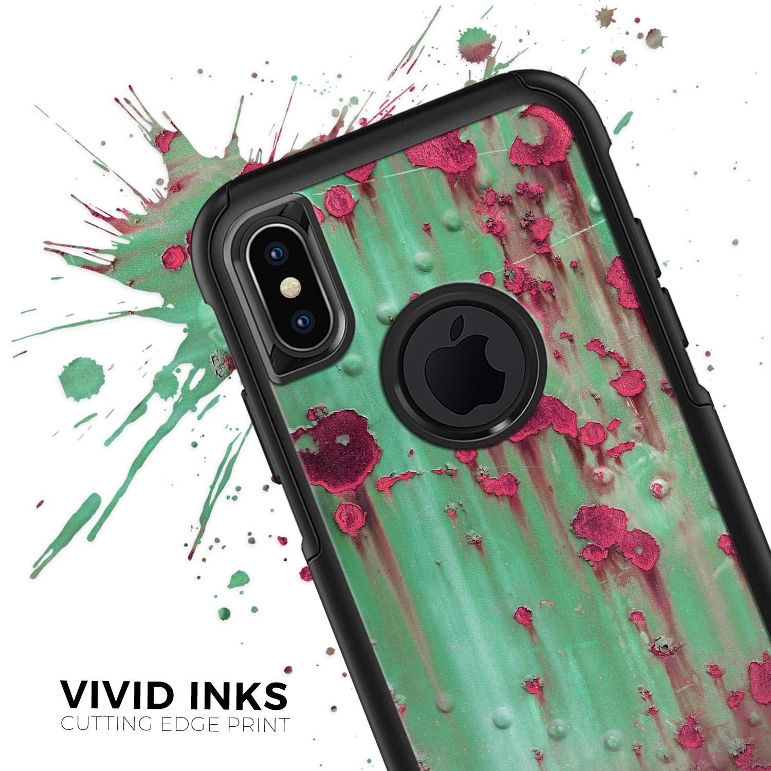 Trendy green and pink rust skin kit for iPhone OtterBox cases, showcasing vibrant colors and dual-layer construction.