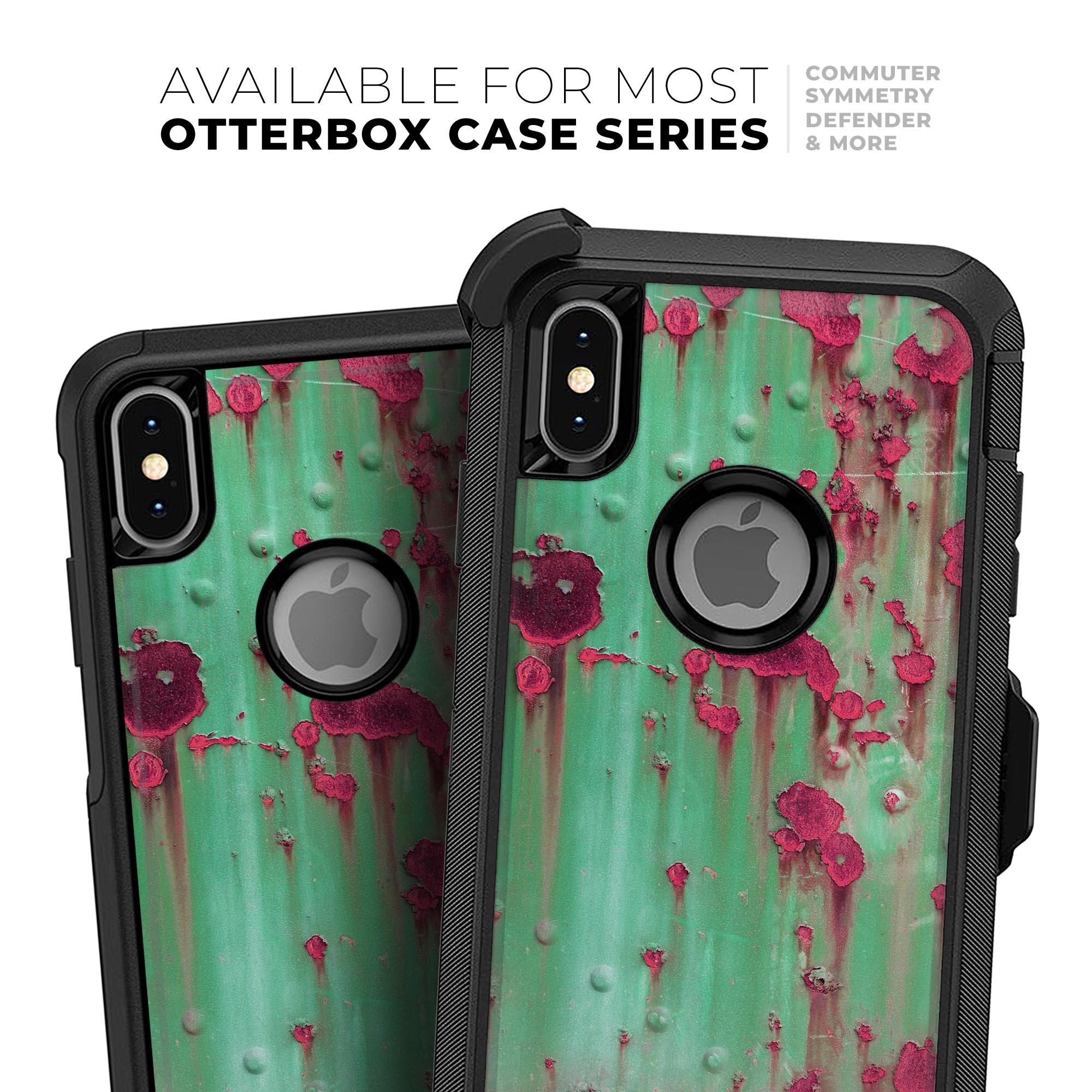 Trendy green and pink rust skin kit for iPhone OtterBox cases, showcasing vibrant colors and dual-layer construction.