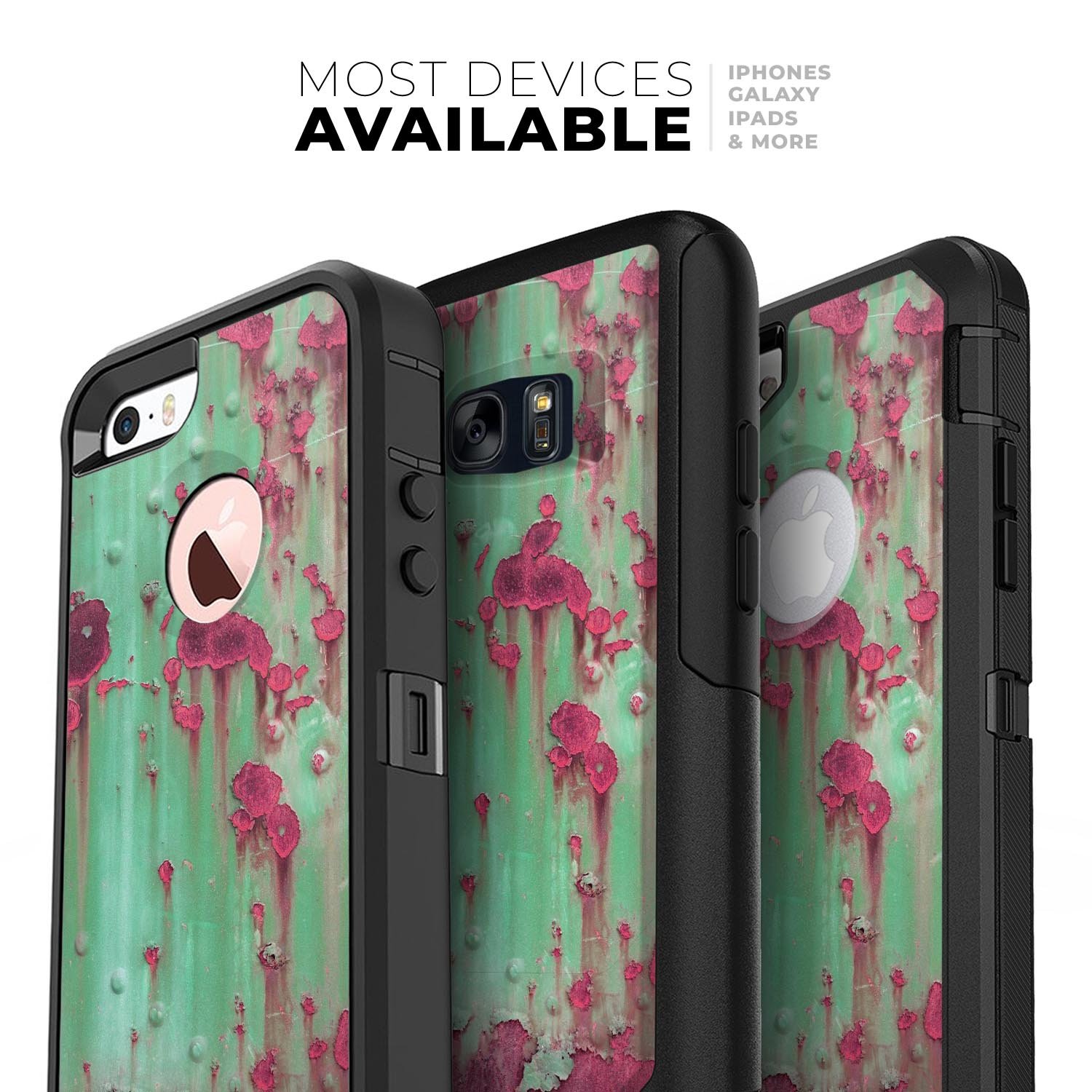 Trendy green and pink rust skin kit for iPhone OtterBox cases, showcasing vibrant colors and dual-layer construction.