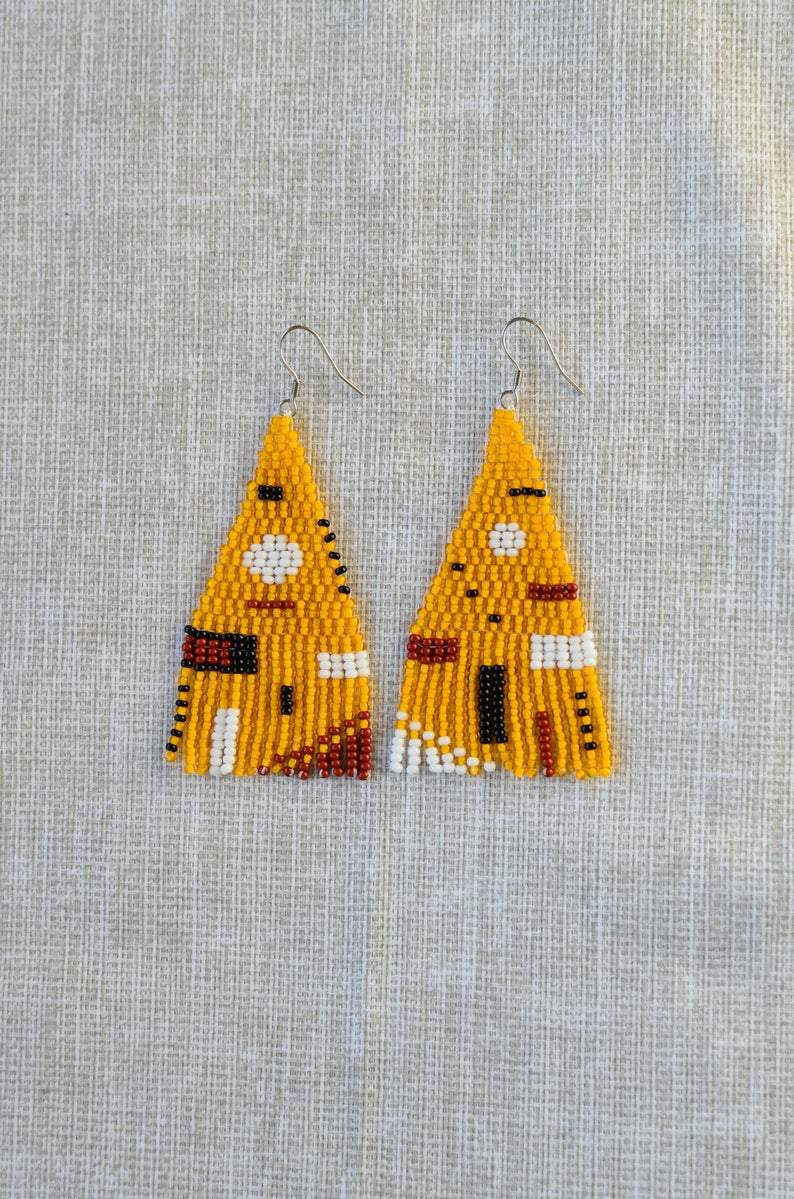 Colorful Triangle Maasai Beaded Earrings showcasing intricate beadwork and a unique design, handmade in Africa.