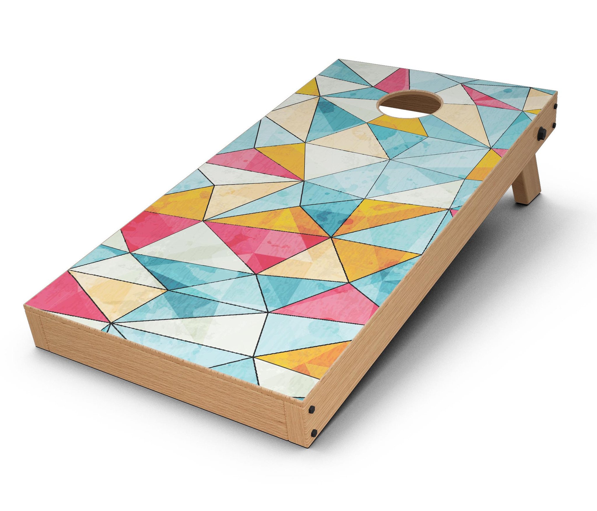 Triangular Geometric Pattern CornHole Board Skin Decal Kit displayed on a Cornhole board, showcasing vibrant colors and design.