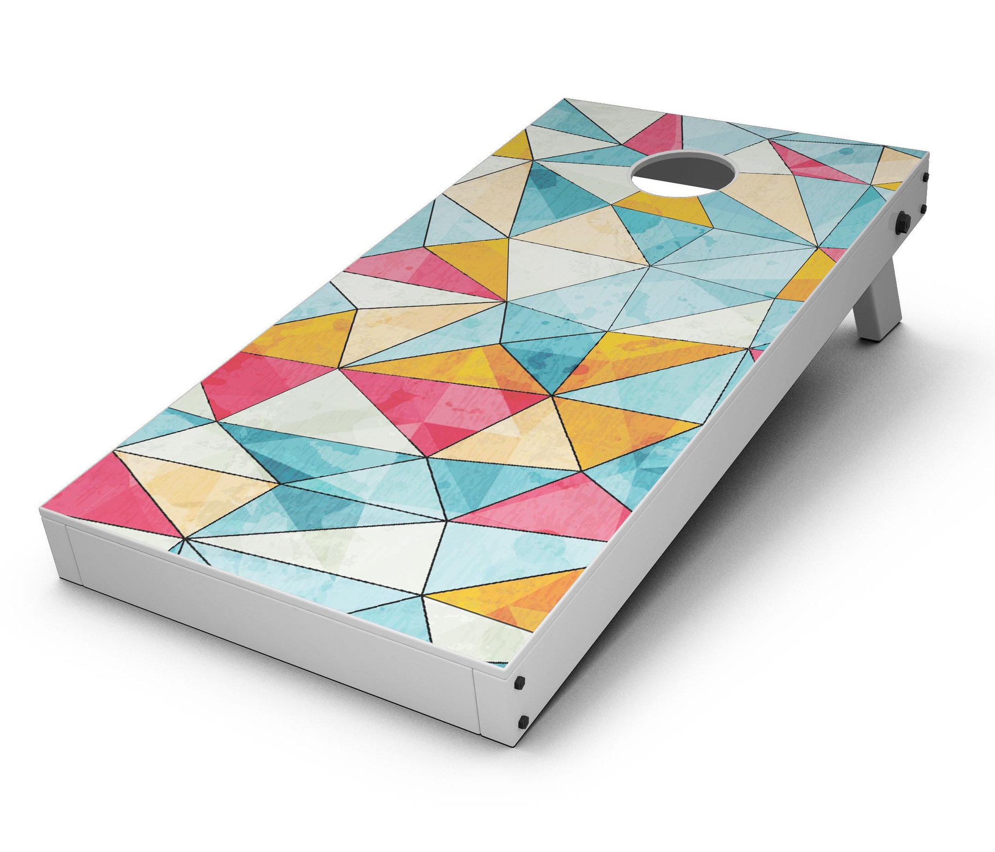 Triangular Geometric Pattern CornHole Board Skin Decal Kit displayed on a Cornhole board, showcasing vibrant colors and design.