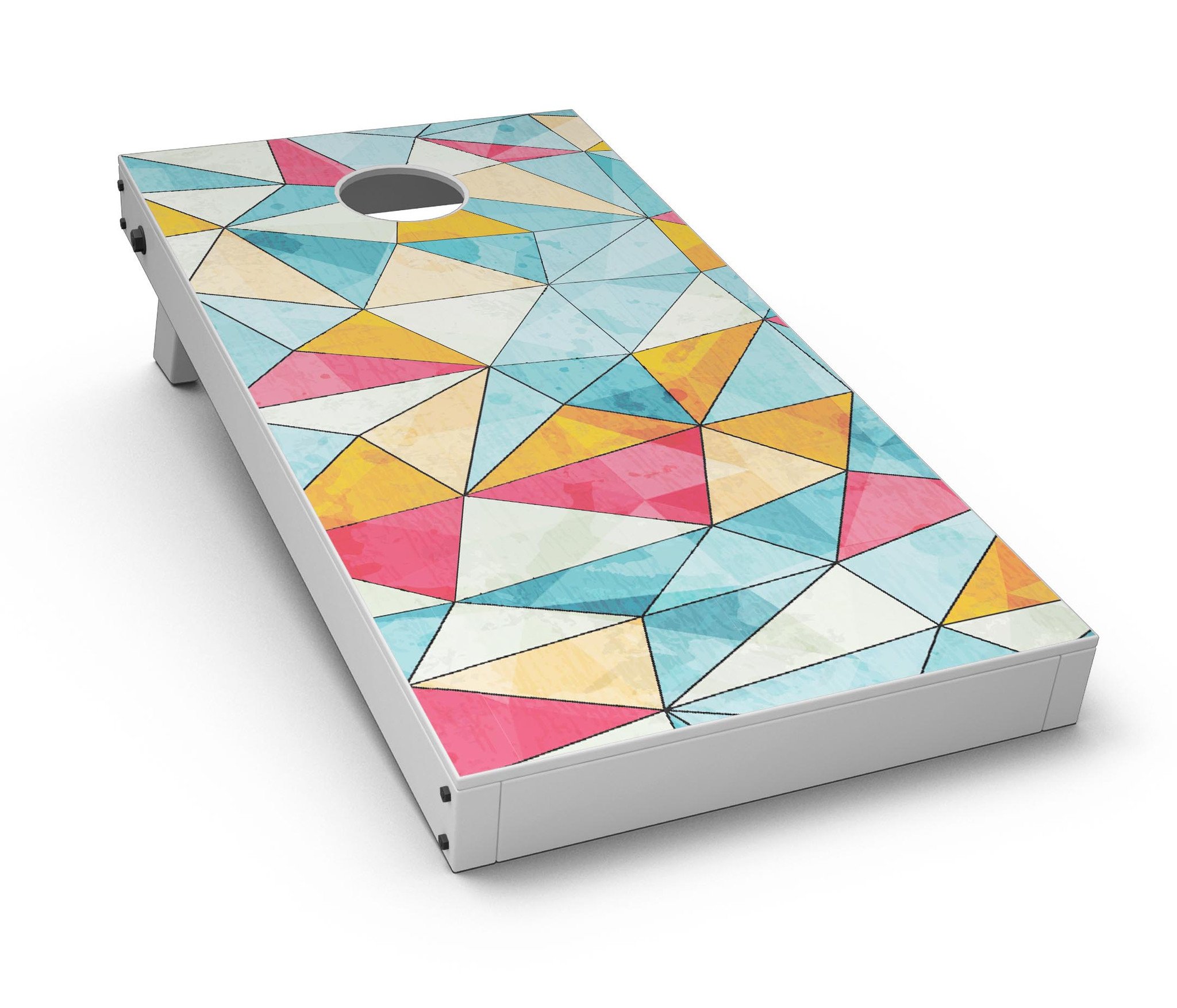 Triangular Geometric Pattern CornHole Board Skin Decal Kit displayed on a Cornhole board, showcasing vibrant colors and design.