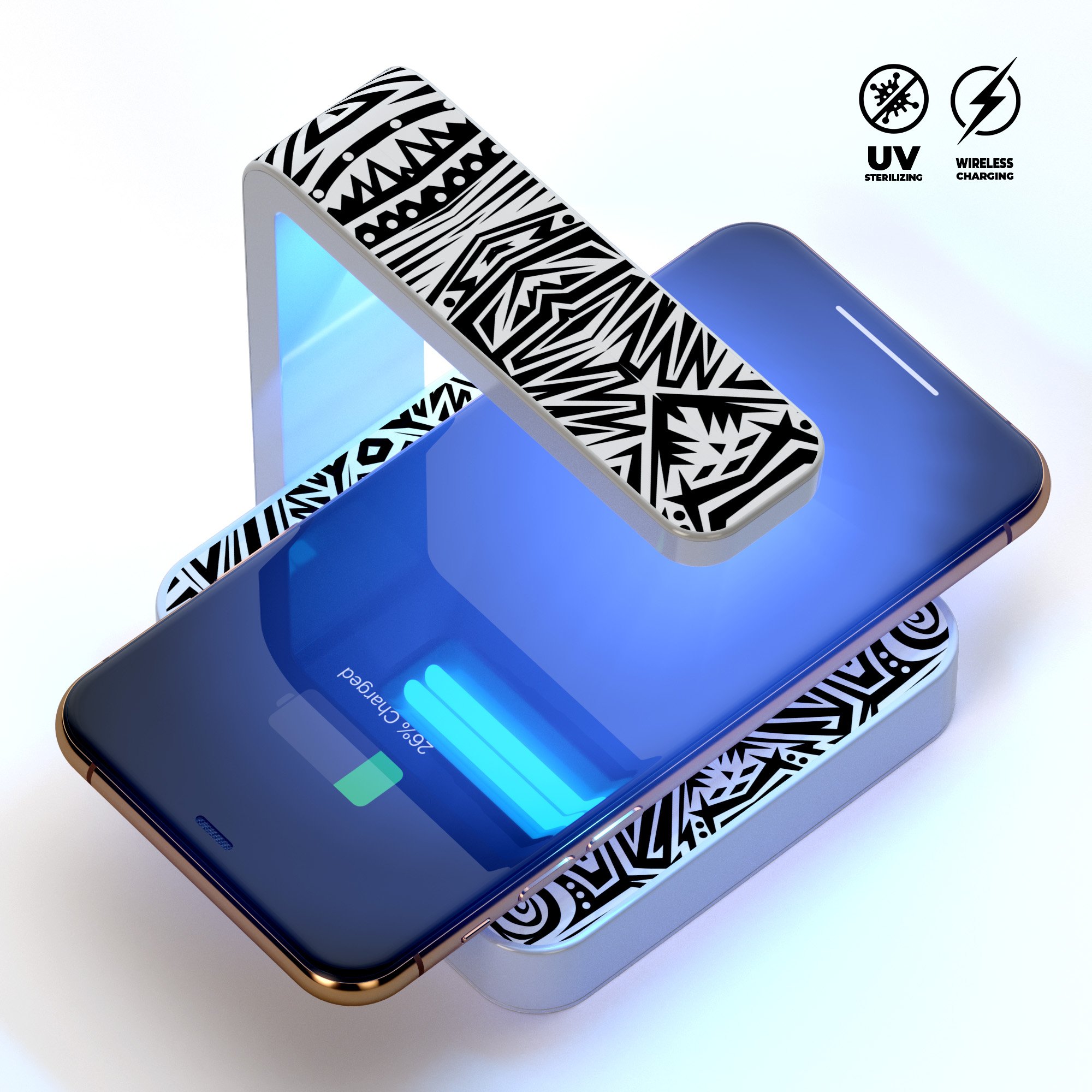 Tribal Vector V493 UV Germicidal Sanitizing Wireless Charger with phone on top, showcasing its sleek design and functionality.