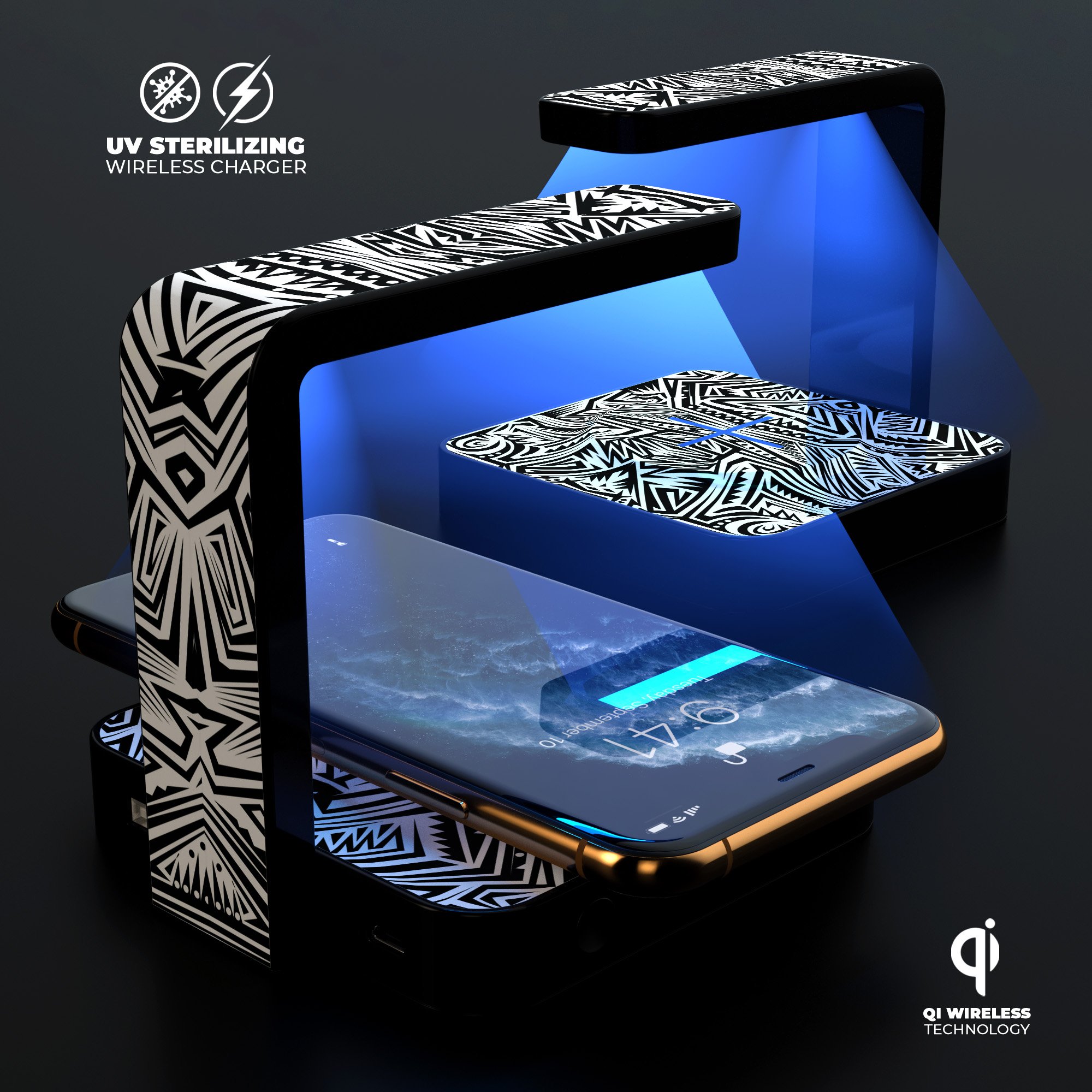 Tribal Vector V493 UV Germicidal Sanitizing Wireless Charger with phone on top, showcasing its sleek design and functionality.