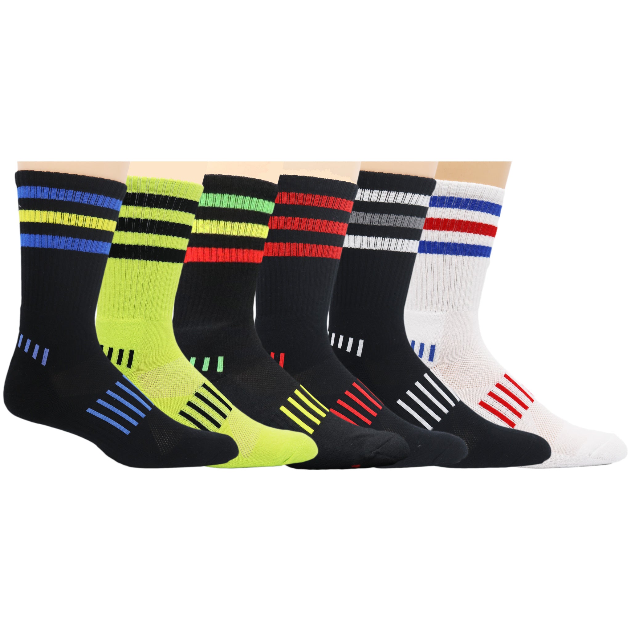 A pair of Triple Stripe Crew Socks featuring a unique design with three stripes, ventilator mesh, and vibrant colors, ideal for night workouts.