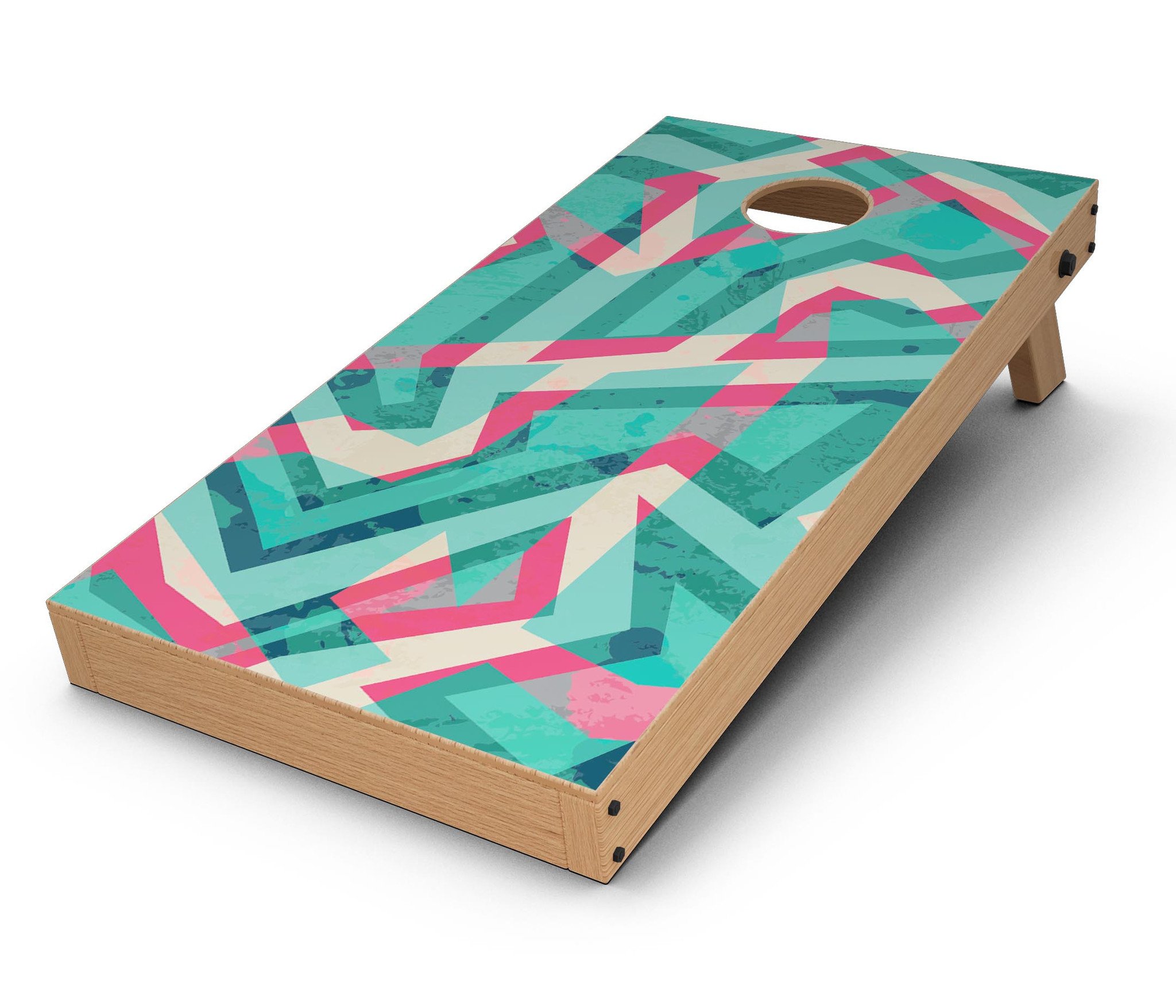 Trippy Retro Pattern CornHole Board Skin Decal Kit displayed on a Cornhole board, showcasing vibrant colors and unique design.