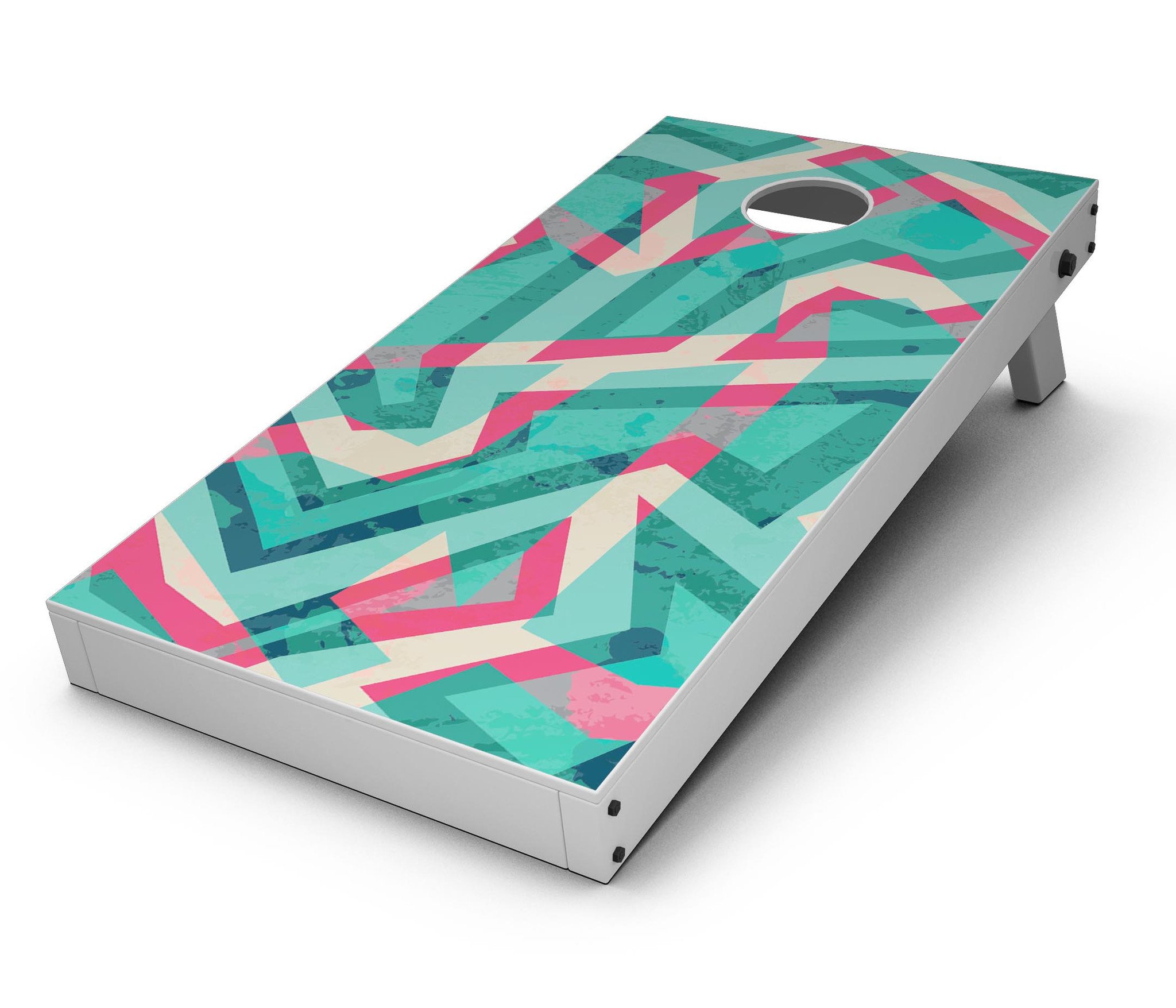 Trippy Retro Pattern CornHole Board Skin Decal Kit displayed on a Cornhole board, showcasing vibrant colors and unique design.