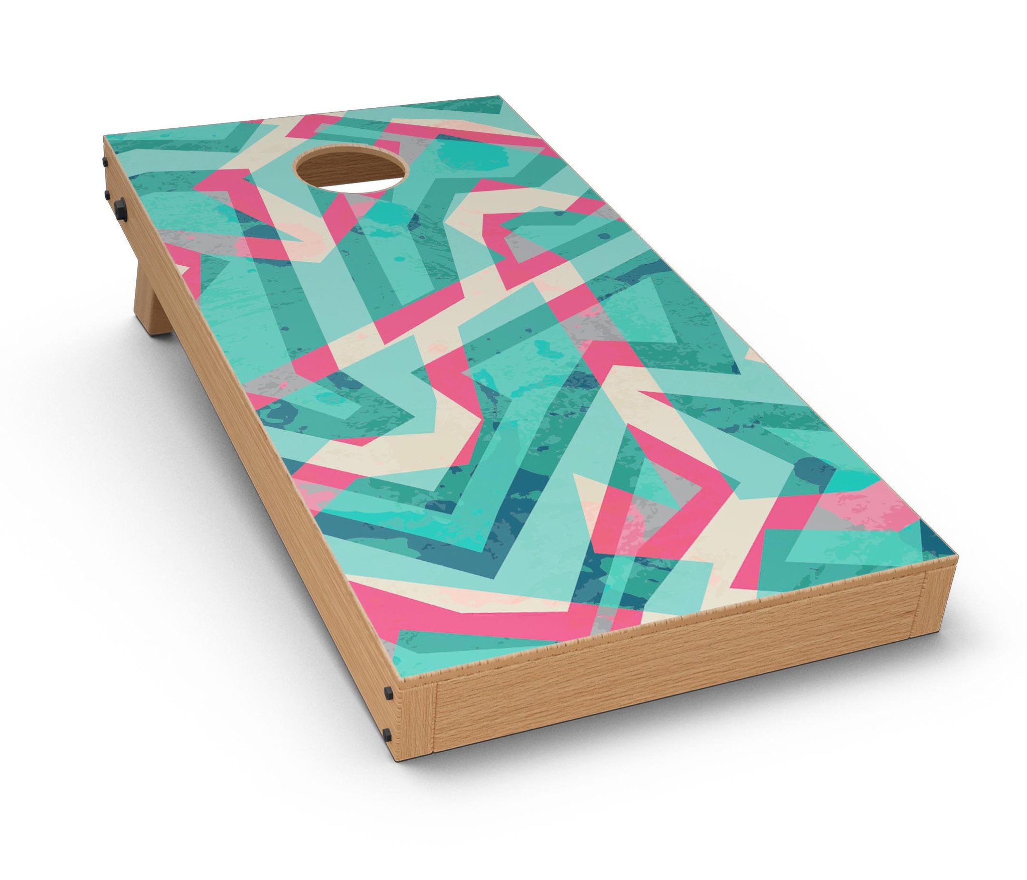 Trippy Retro Pattern CornHole Board Skin Decal Kit displayed on a Cornhole board, showcasing vibrant colors and unique design.