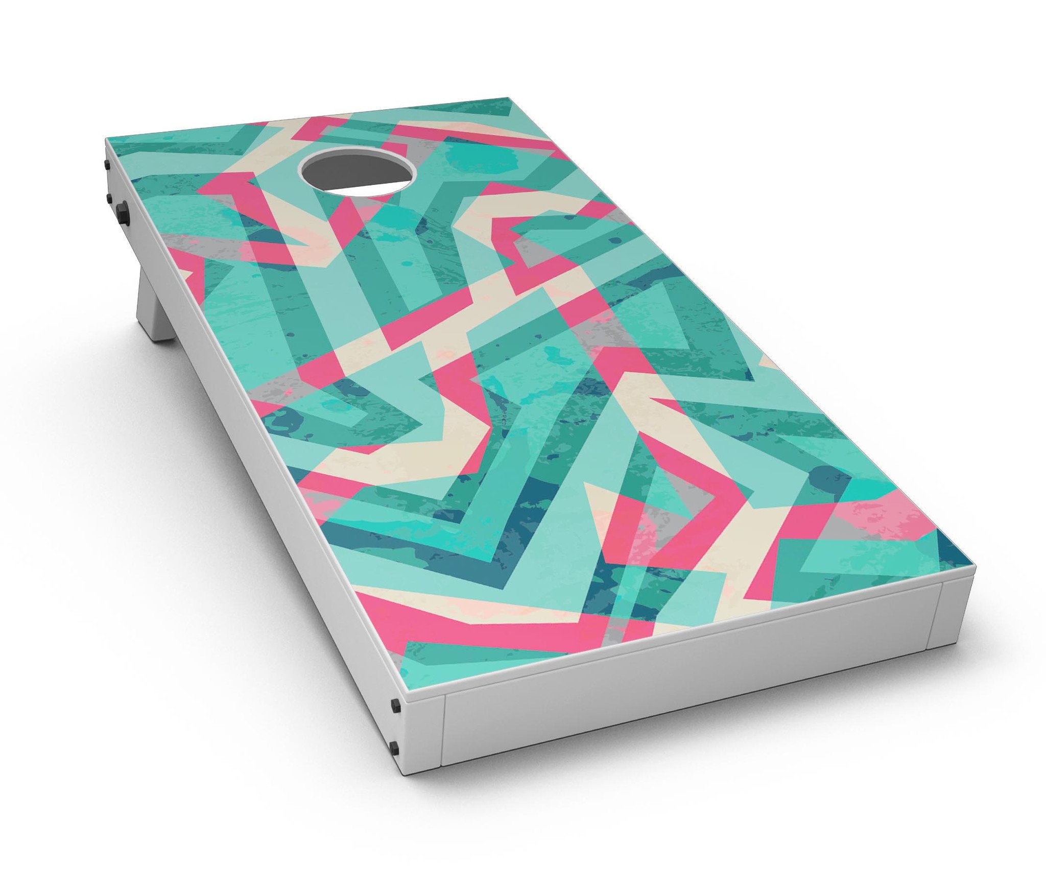 Trippy Retro Pattern CornHole Board Skin Decal Kit displayed on a Cornhole board, showcasing vibrant colors and unique design.