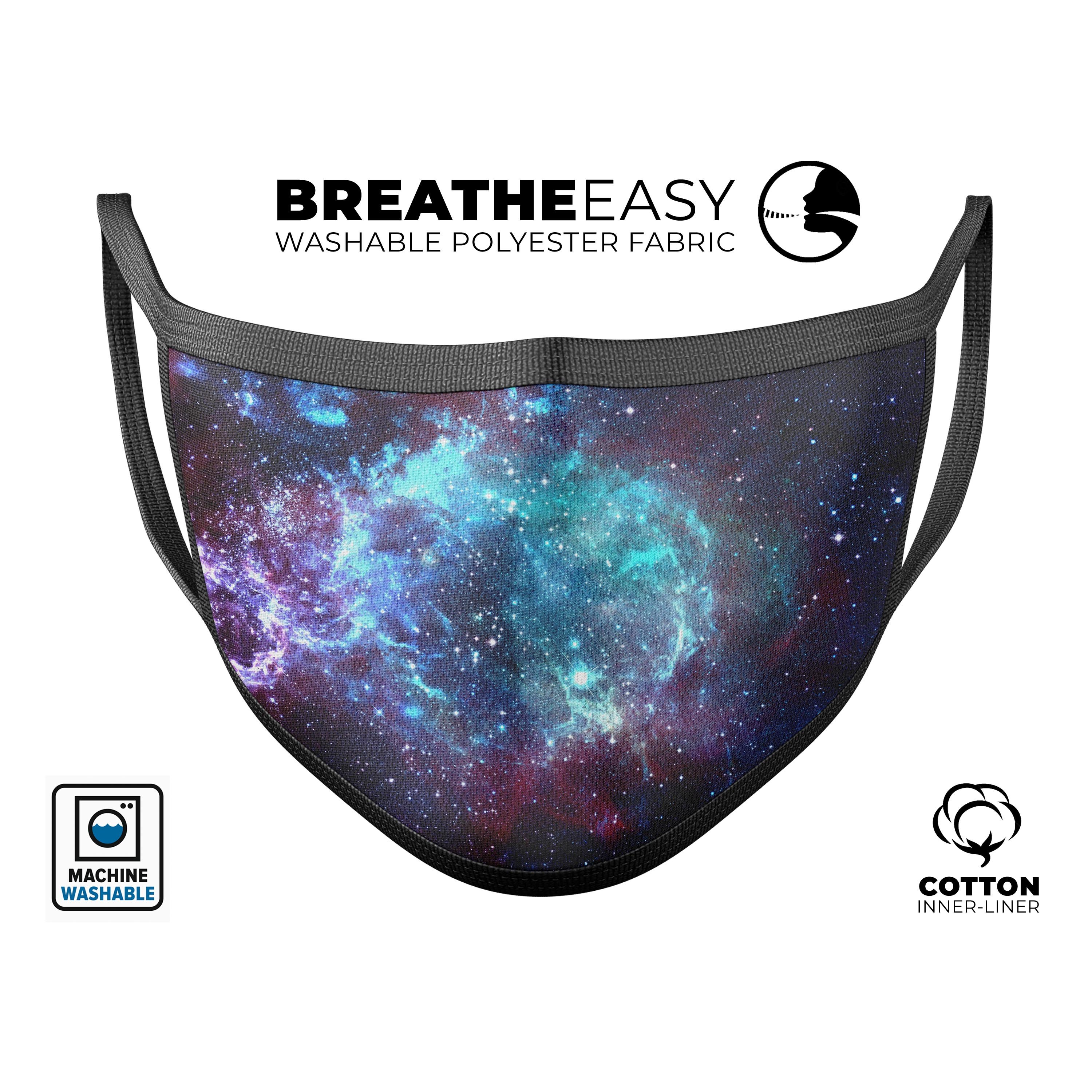 Trippy Space Mouth Cover, a colorful unisex anti-dust cotton blend face mask with adjustable ear loops, made in the USA.