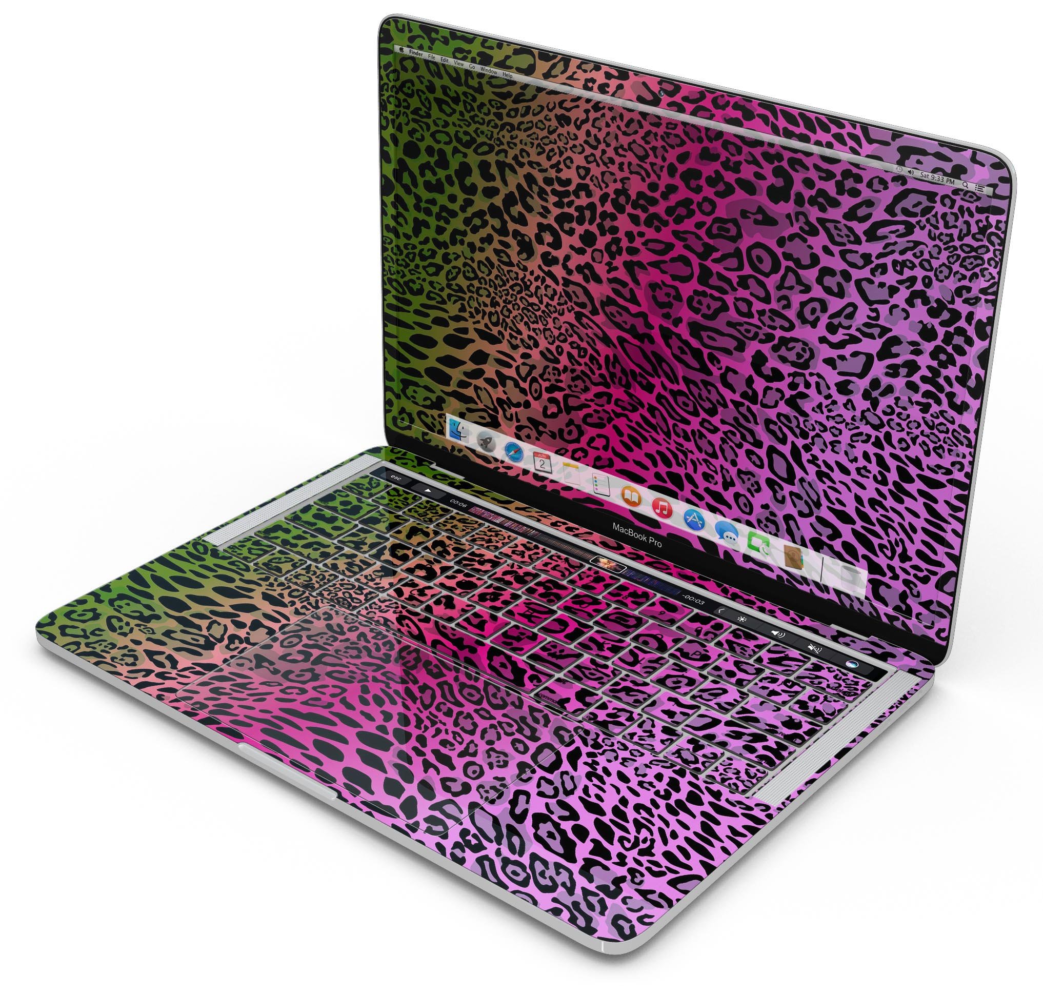 Tropical Neon Animal Print skin decal wrap kit for MacBook, showcasing vibrant colors and patterns designed for protection and style.