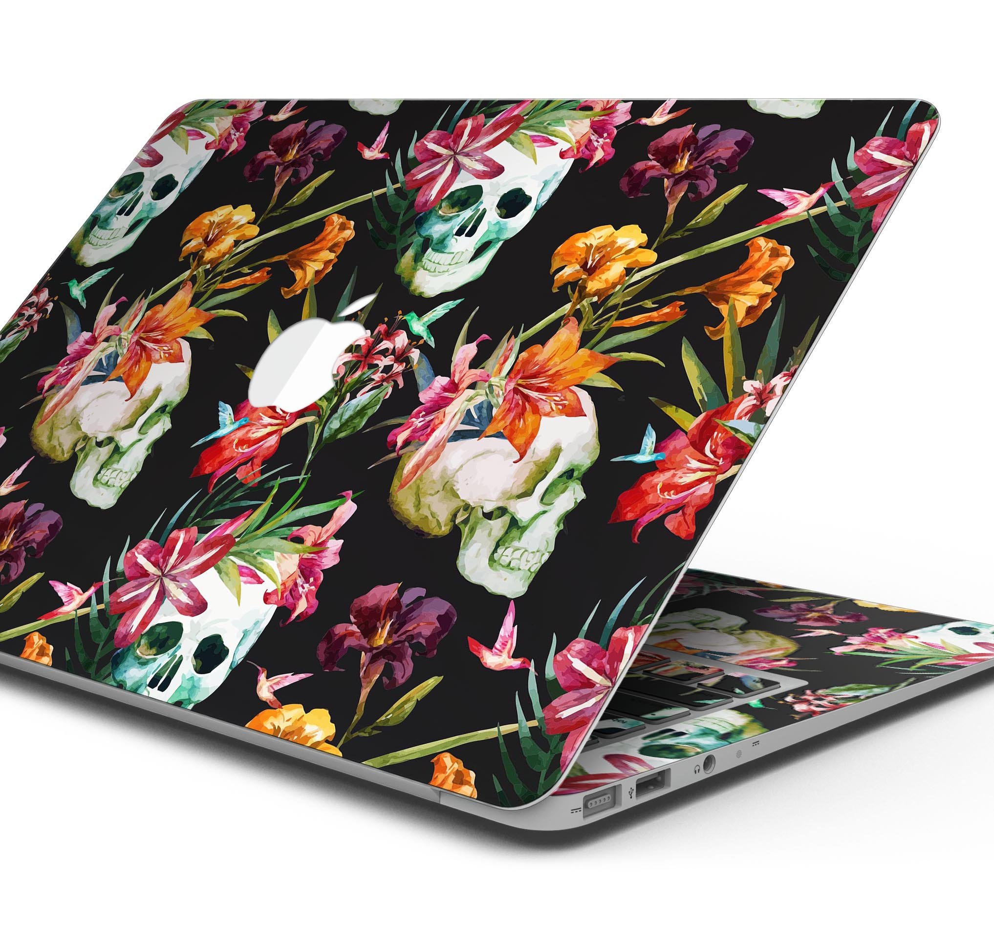 Tropical Skull Floral Skin Decal Wrap Kit for Apple MacBook, showcasing vibrant floral designs on a sleek vinyl surface.