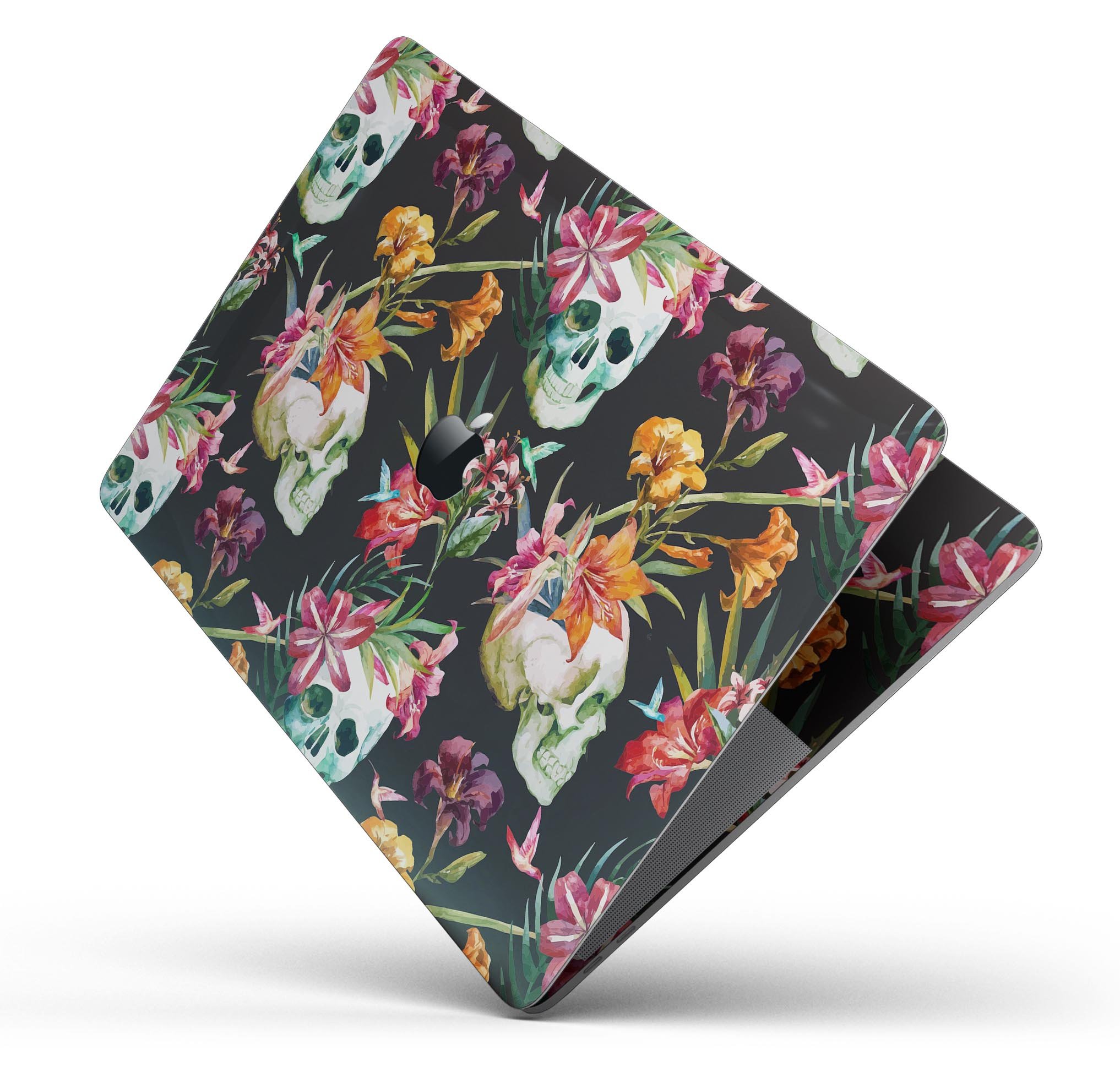 Tropical Skull Floral Skin Decal Wrap Kit for Apple MacBook, showcasing vibrant floral designs on a sleek vinyl surface.