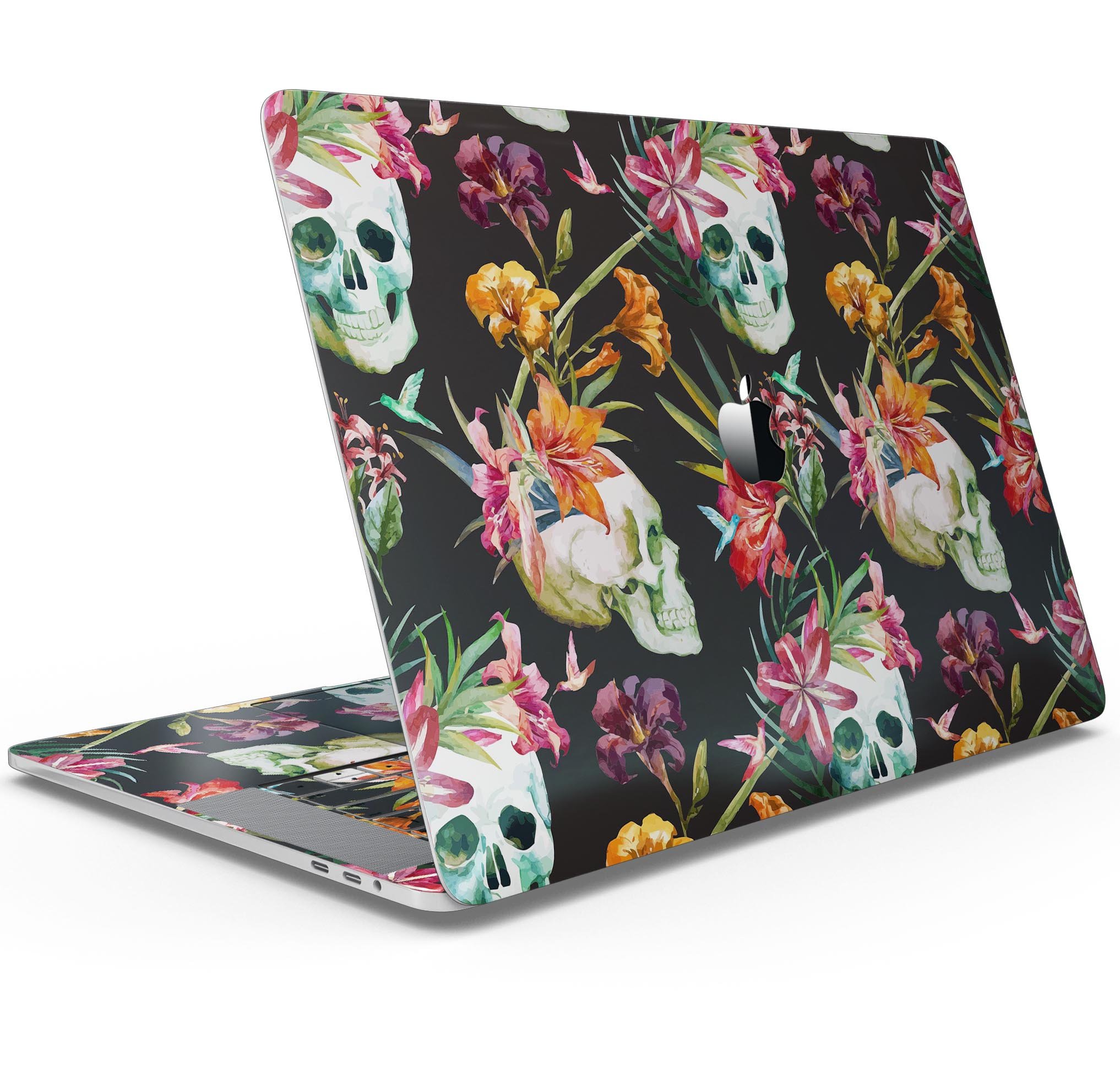 Tropical Skull Floral Skin Decal Wrap Kit for Apple MacBook, showcasing vibrant floral designs on a sleek vinyl surface.