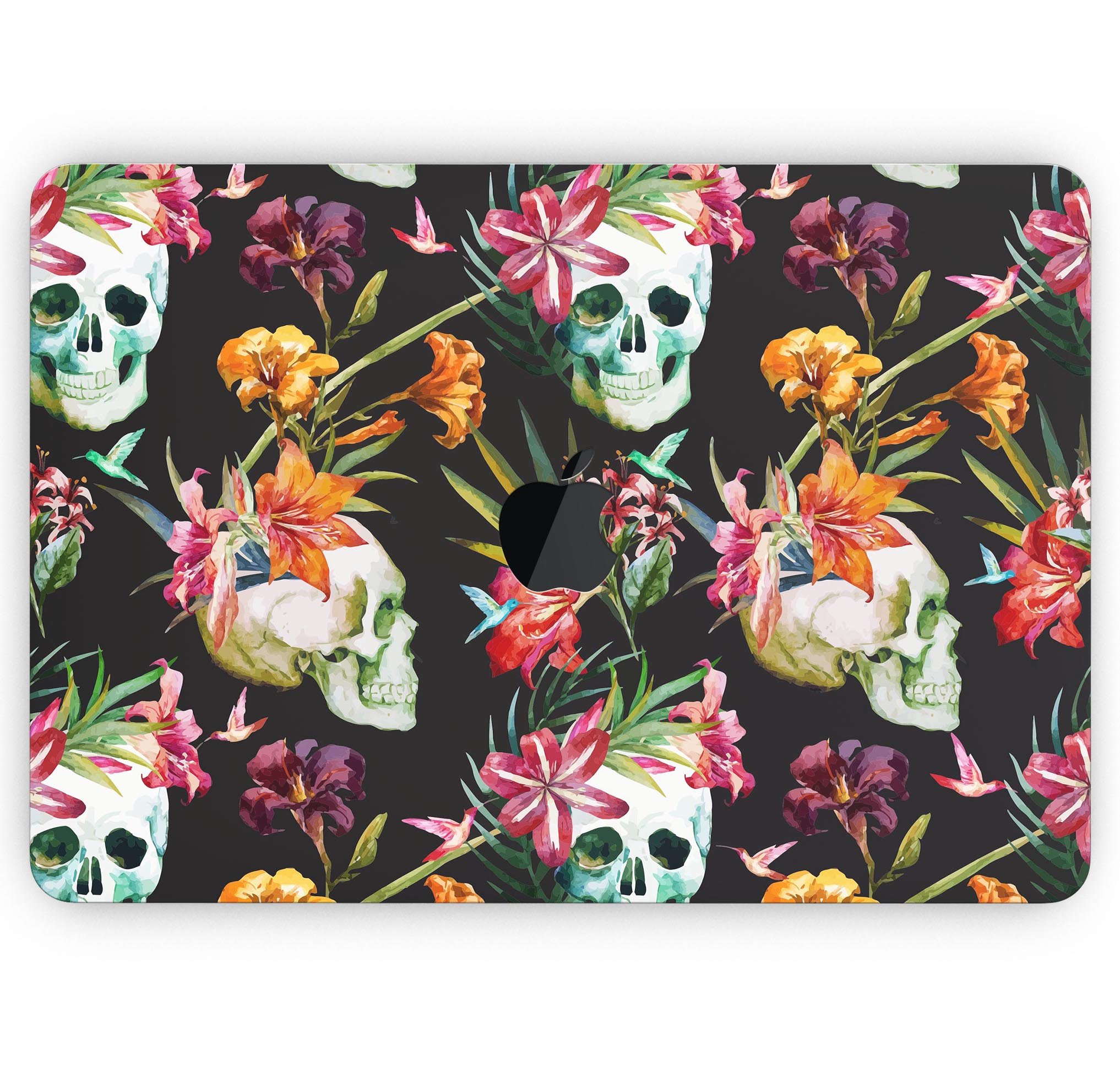 Tropical Skull Floral Skin Decal Wrap Kit for Apple MacBook, showcasing vibrant floral designs on a sleek vinyl surface.