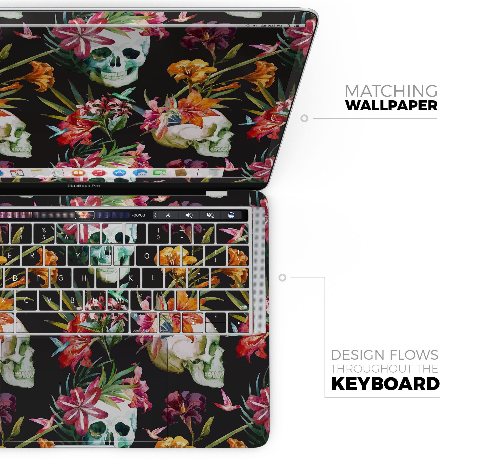 Tropical Skull Floral Skin Decal Wrap Kit for Apple MacBook, showcasing vibrant floral designs on a sleek vinyl surface.