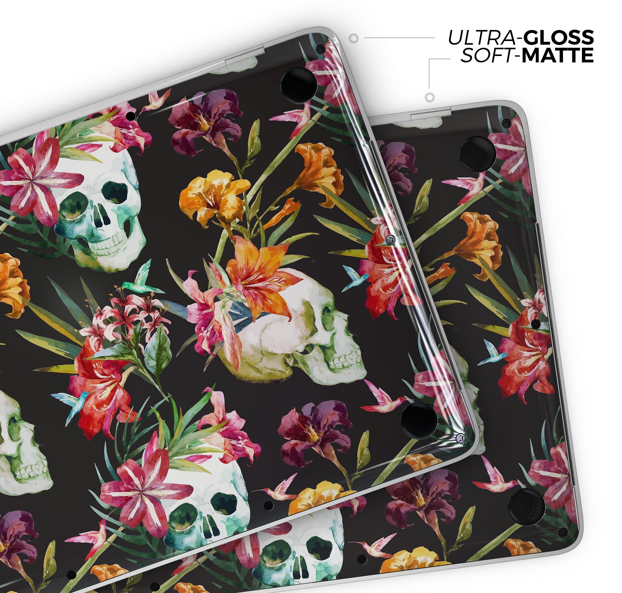 Tropical Skull Floral Skin Decal Wrap Kit for Apple MacBook, showcasing vibrant floral designs on a sleek vinyl surface.