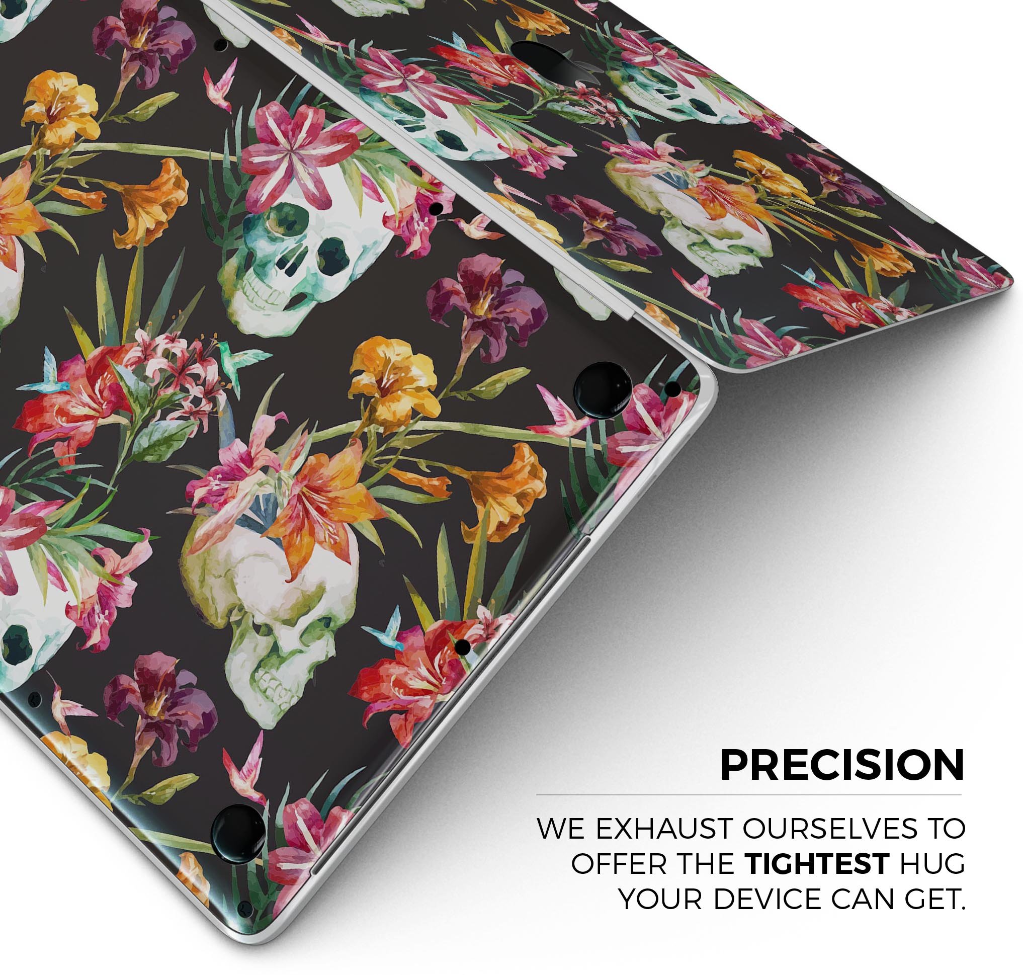 Tropical Skull Floral Skin Decal Wrap Kit for Apple MacBook, showcasing vibrant floral designs on a sleek vinyl surface.