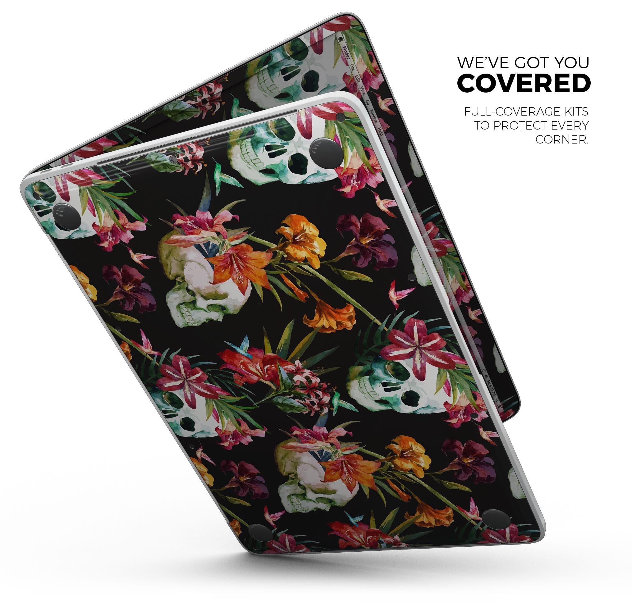 Tropical Skull Floral Skin Decal Wrap Kit for Apple MacBook, showcasing vibrant floral designs on a sleek vinyl surface.